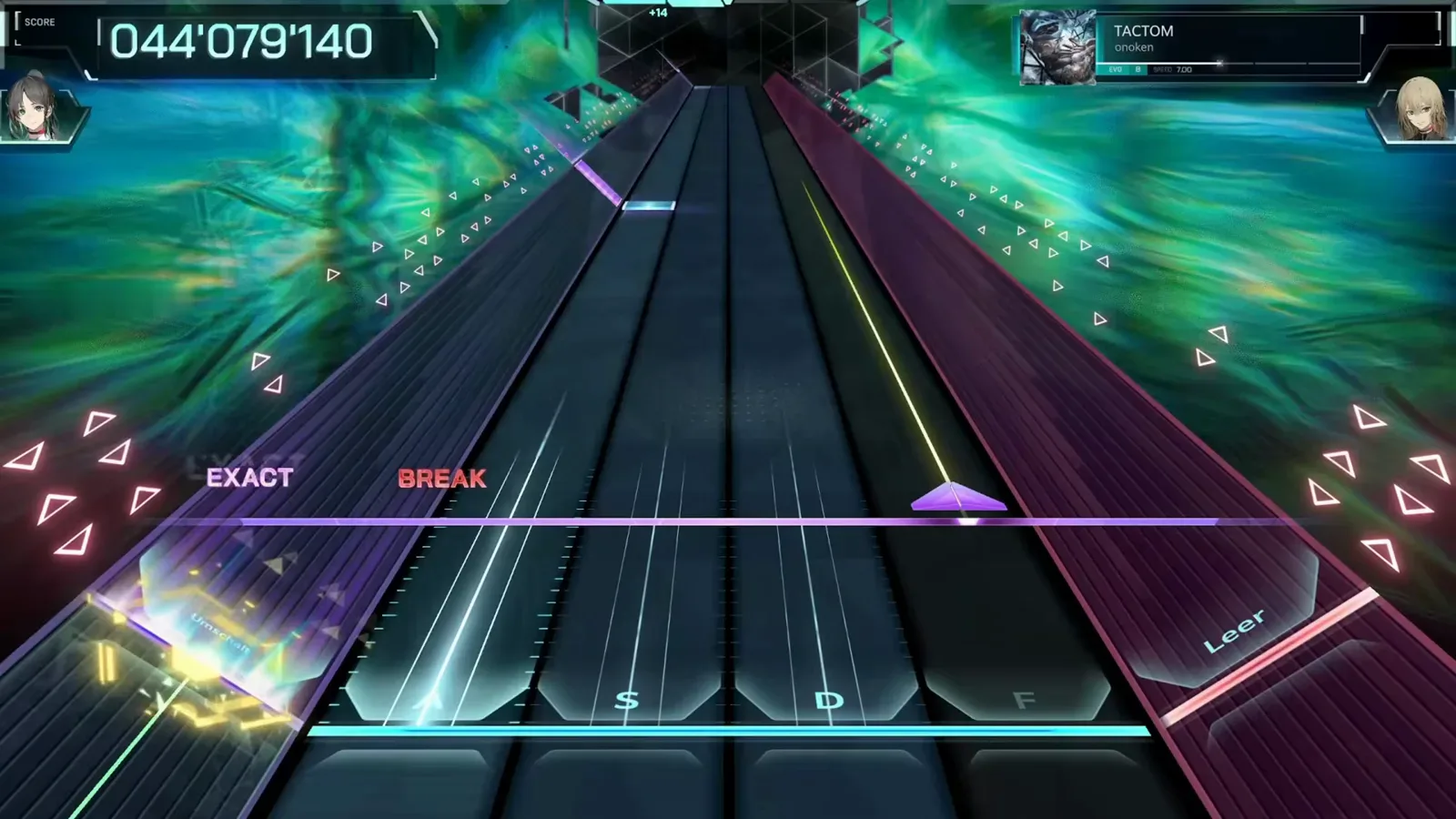 Mid-chart BREAK flash TACTOM EVO 8 mid-chart BREAK flashing red beside an EXACT on the purple judgement line in In Falsus
