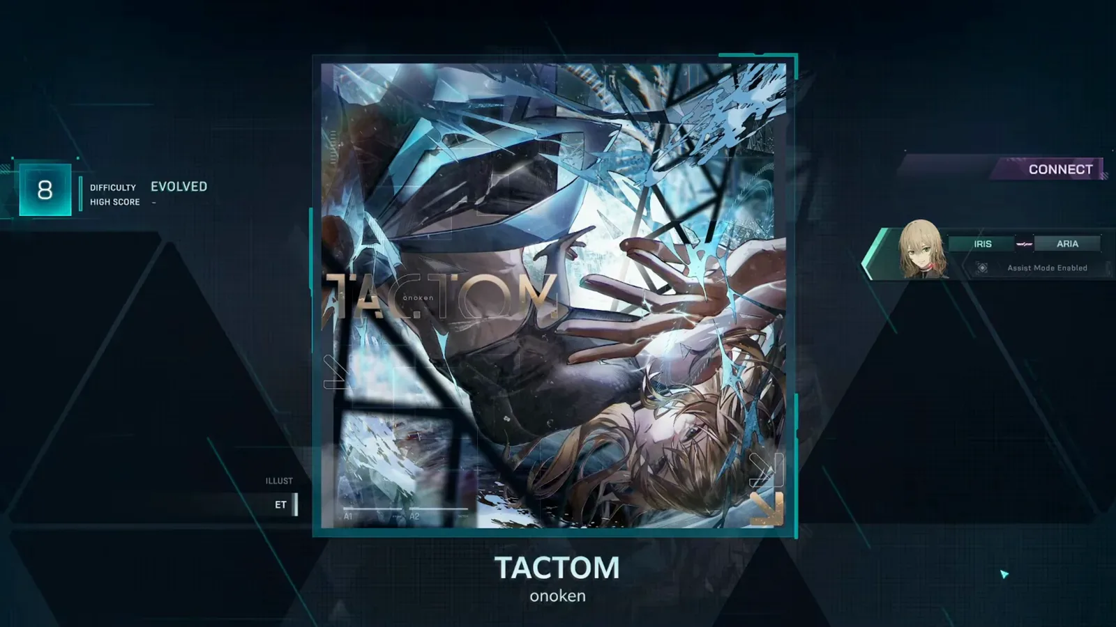 TACTOM detail screen — EVOLVED 8 In Falsus TACTOM song detail screen showing DIFFICULTY EVOLVED 8 with a HIGH SCORE dash and the CONNECT rail reading Assist Mode Enabled