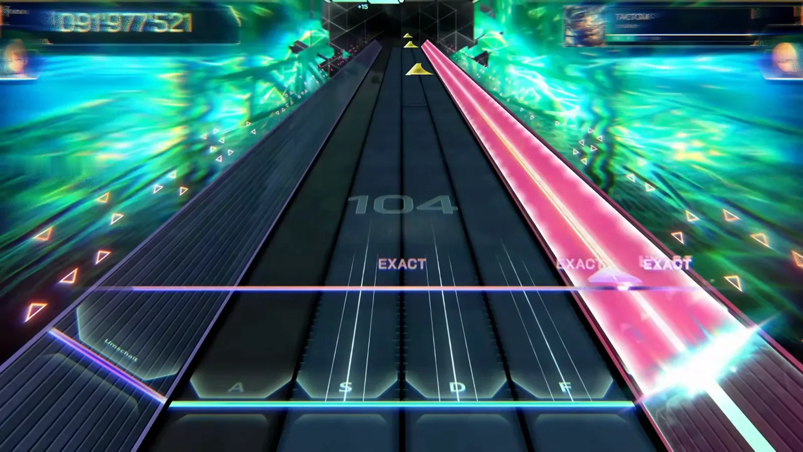 Final stretch, combo 104 In Falsus TACTOM EVO 8 final stretch at combo 104 with the wide pink beam holding the right Leer lane and wedges dropping in