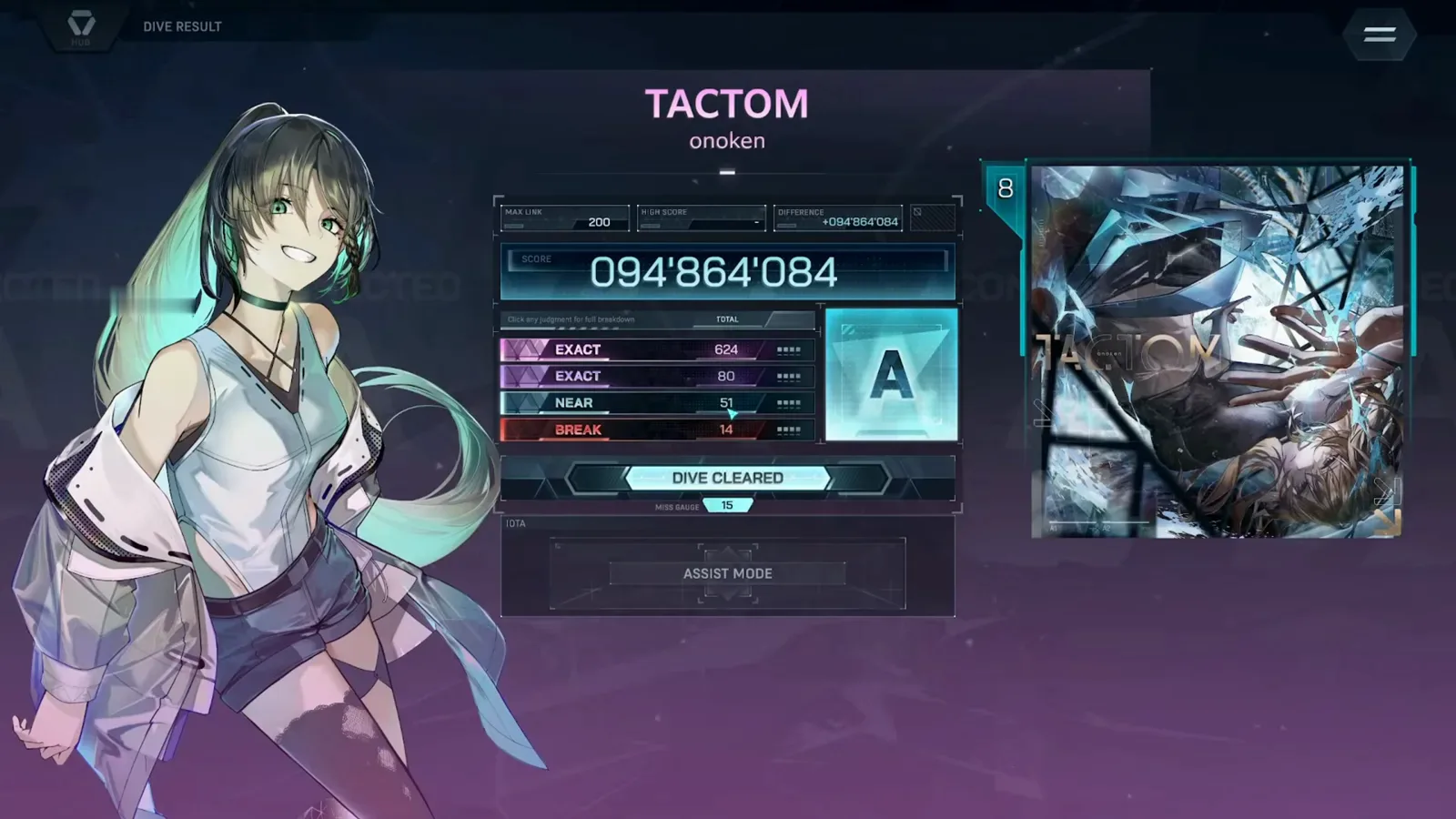 Result screen — rank A, 094'864'084 TACTOM EVO 8 result screen in In Falsus showing 094'864'084 for rank A with EXACT 624, EXACT 80, NEAR 51, BREAK 14, MAX LINK 200 and MISS GAUGE 15