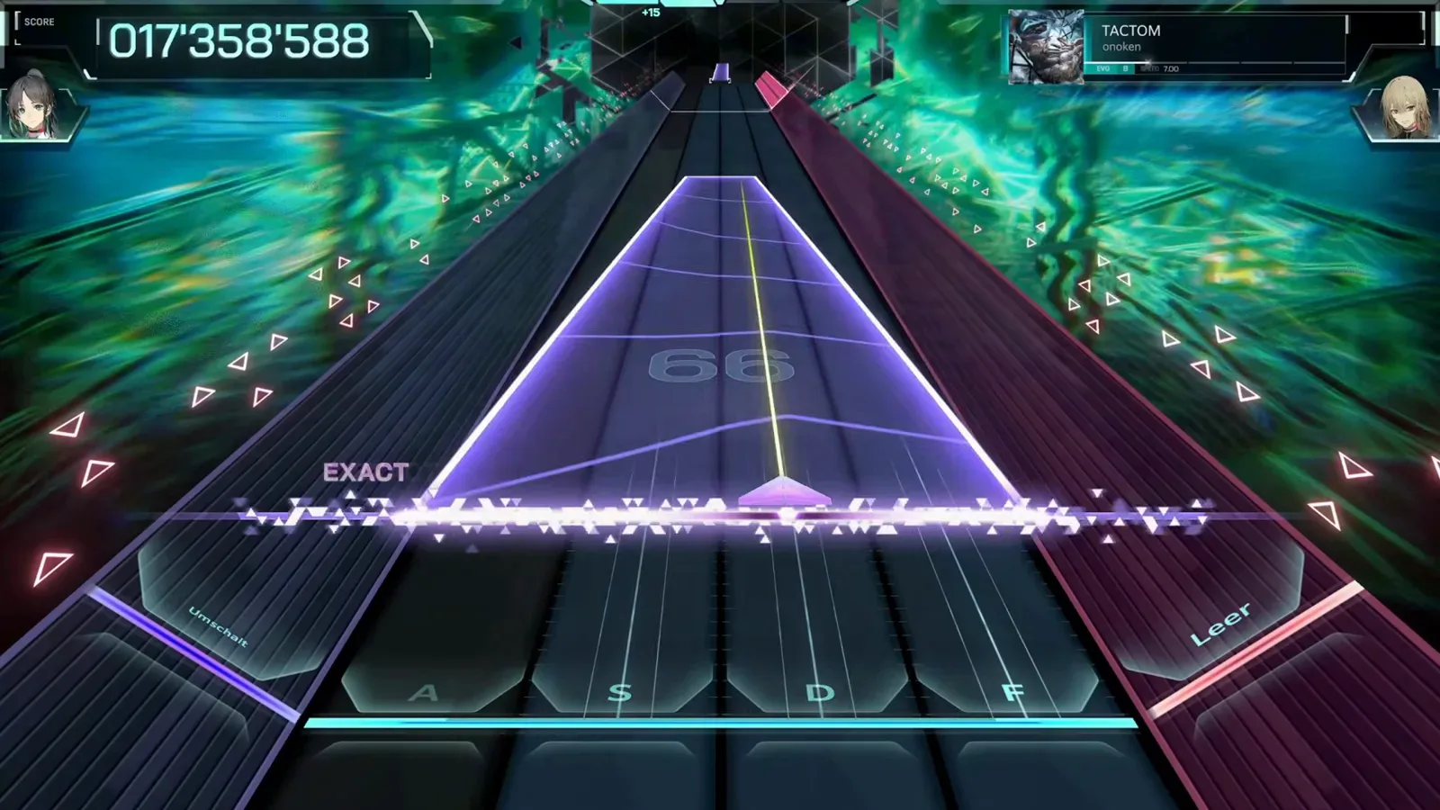 Wide violet fan plate TACTOM EVO 8 wide violet fan plate spanning all lanes at combo 66 in In Falsus with a yellow guide line and an EXACT trail on the beat line