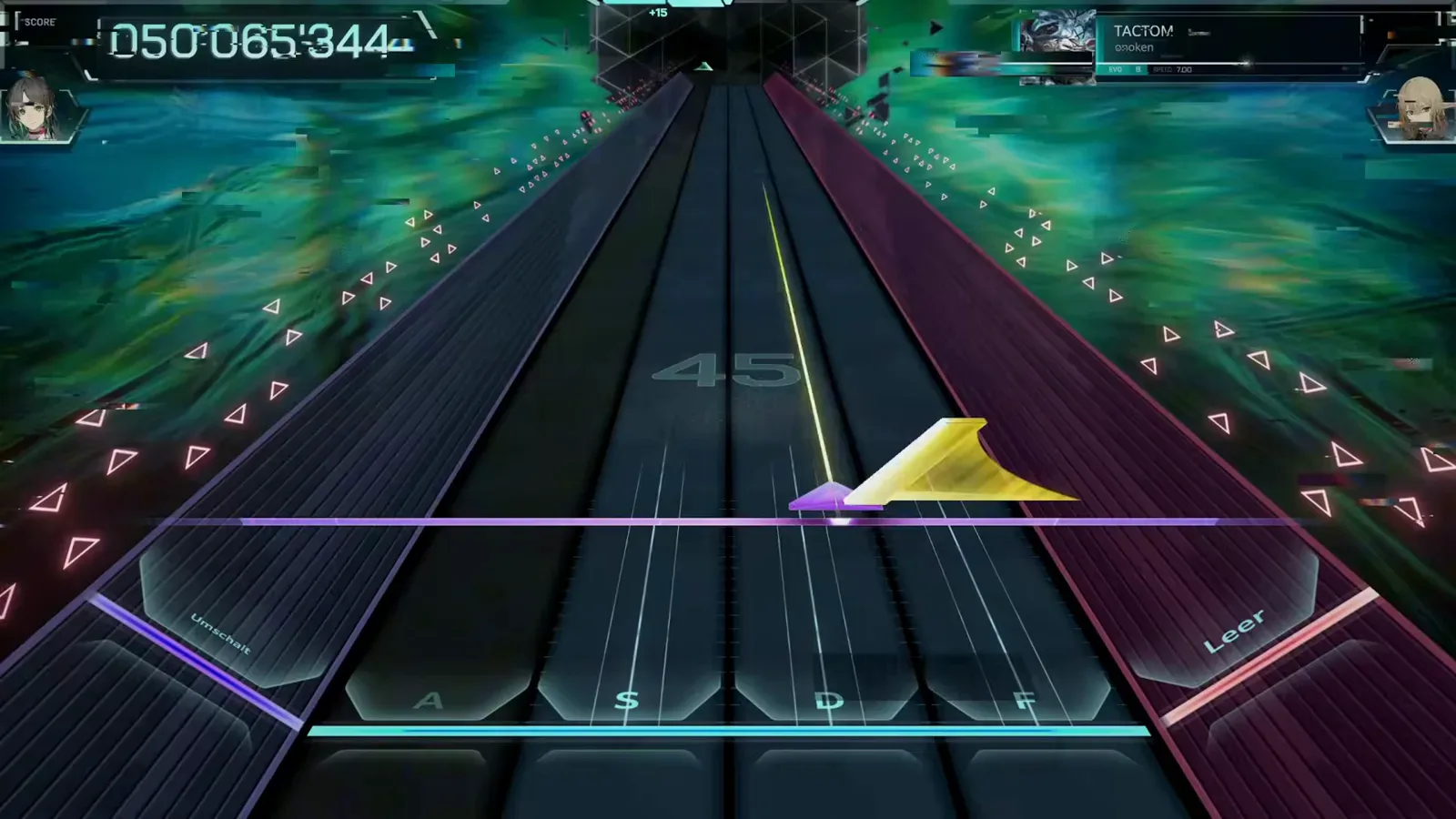 Yellow wedge flick, F lane In Falsus TACTOM EVO 8 yellow wedge flick note riding the F lane at combo 45 against the glitching movie backdrop