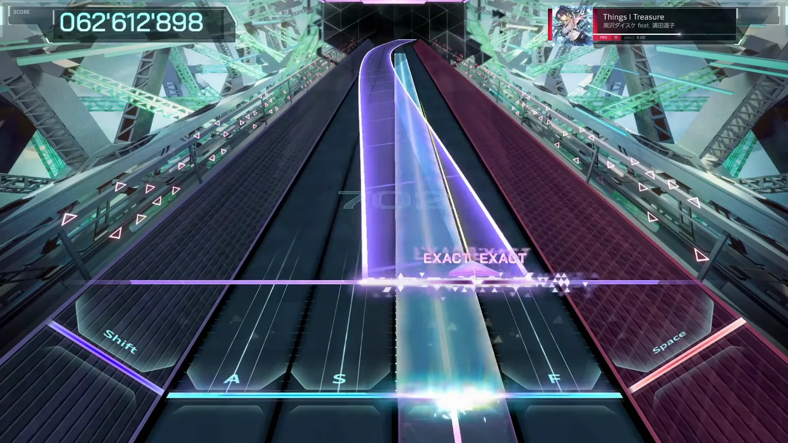 S-curve hold handoff In Falsus Things I Treasure FBD 11 S-curved violet hold ribbon handing off into a cyan beam at score 062'612'898 with EXACT EXACT on the judgement line