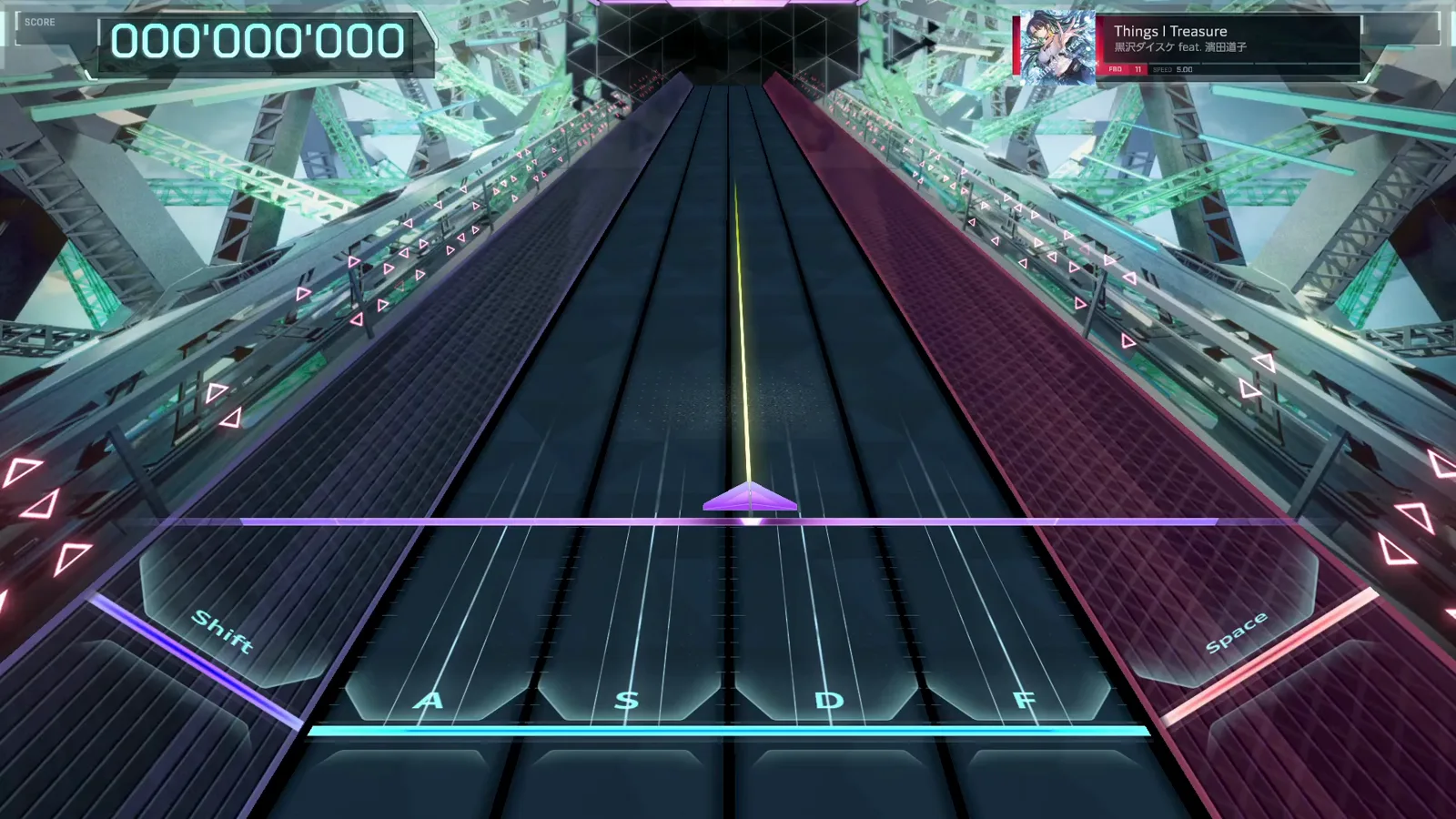 Staged at 000'000'000 In Falsus Things I Treasure FBD dive staged on an empty highway with SCORE 000'000'000 and the in-play song panel showing the FBD 11 chip and SPEED 5.00
