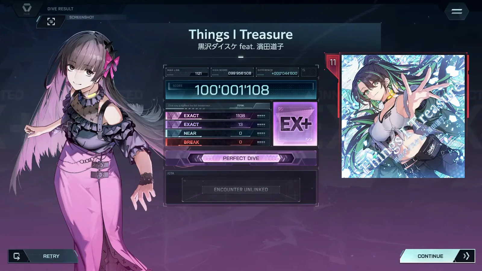 EX+ at 100'001'108 In Falsus Things I Treasure FBD 11 DIVE RESULT card showing SCORE 100'001'108 with rank EX+, MAX LINK 1121, EXACT 1108 + 13, NEAR 0, BREAK 0 and the PERFECT DIVE strip