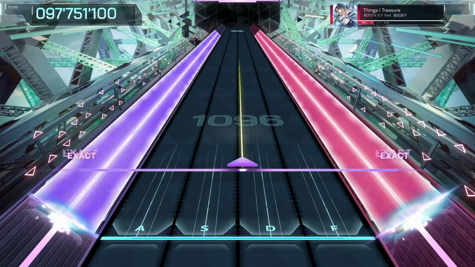 Twin side walls In Falsus Things I Treasure FBD 11 finale with a violet wall on the Shift rail and a pink wall on the Space rail at score 097'751'100 and combo 1096