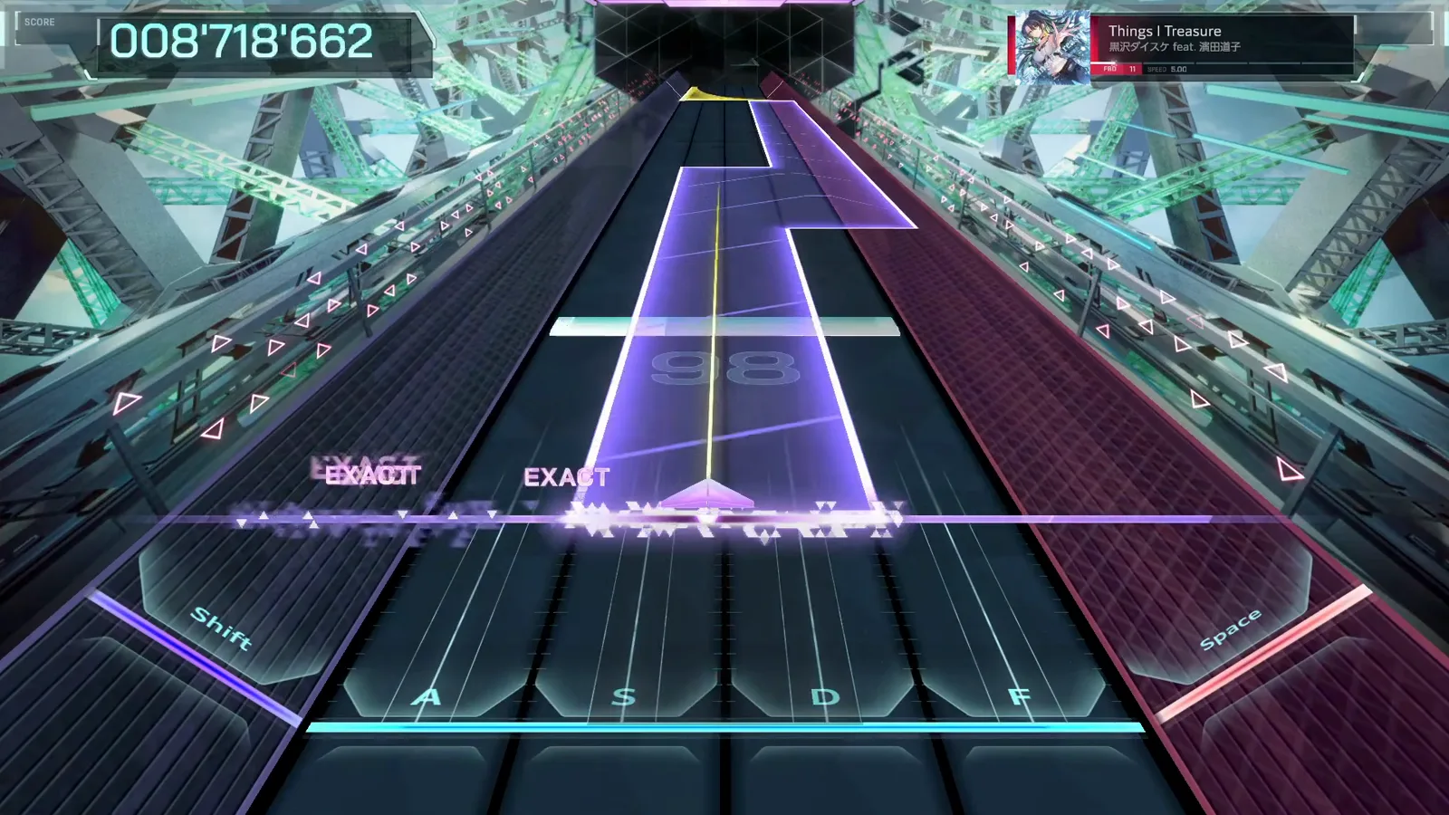 L-shaped violet hold In Falsus Things I Treasure FBD 11 violet L-shaped hold ribbon bending onto the S and D lanes at score 008'718'662 with an EXACT pair on the judgement line