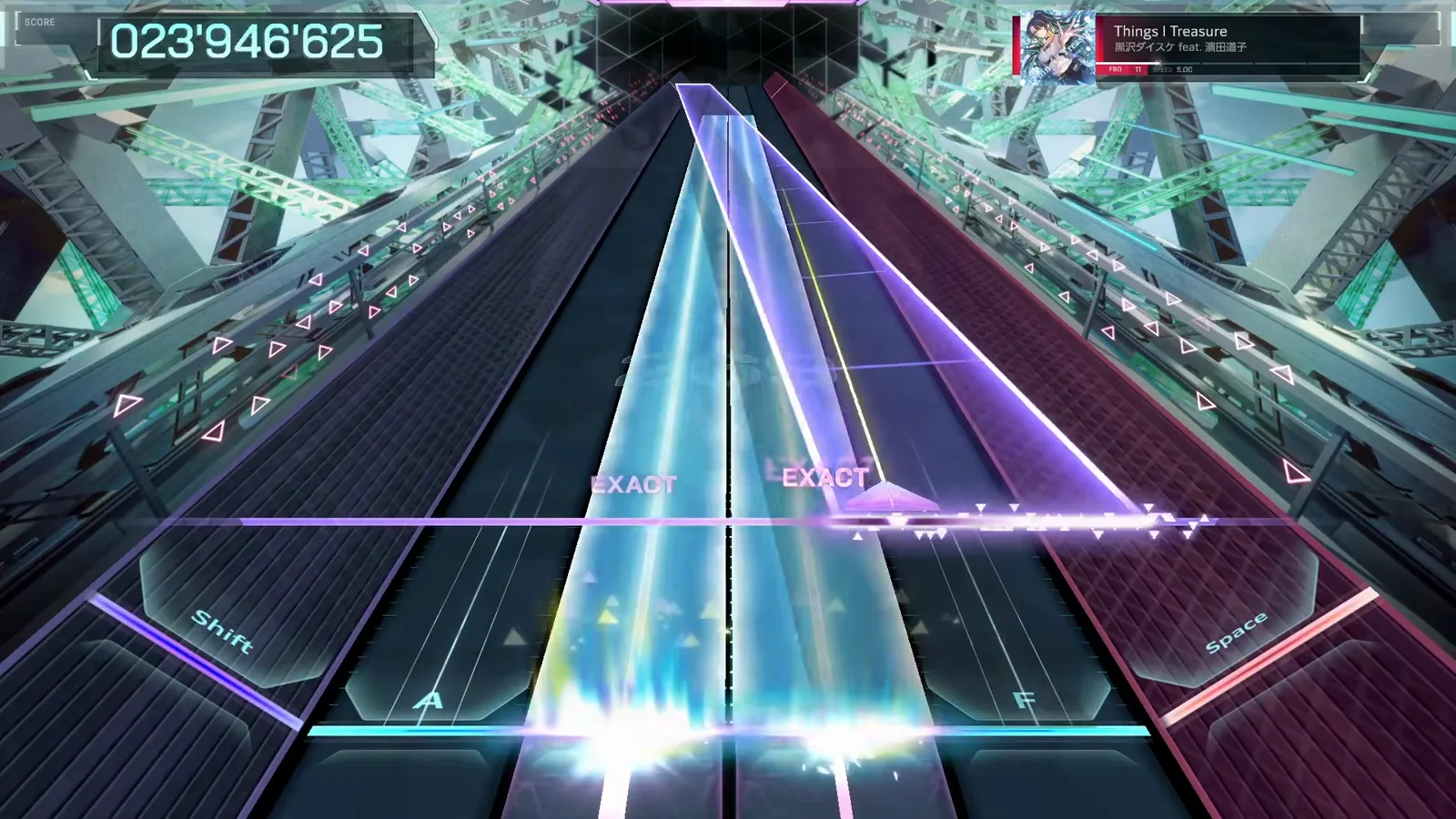 Full-width cyan panel In Falsus Things I Treasure FBD 11 wide translucent cyan field panel spanning the A to F lanes with a violet beam crossing it at score 023'946'625