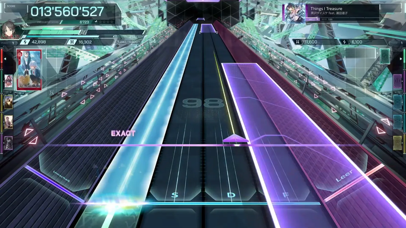 The crossing beams In Falsus Things I Treasure ULT 9 cyan beam crossing a wide purple panel from the right with an EXACT on the cyan at 013'560'527
