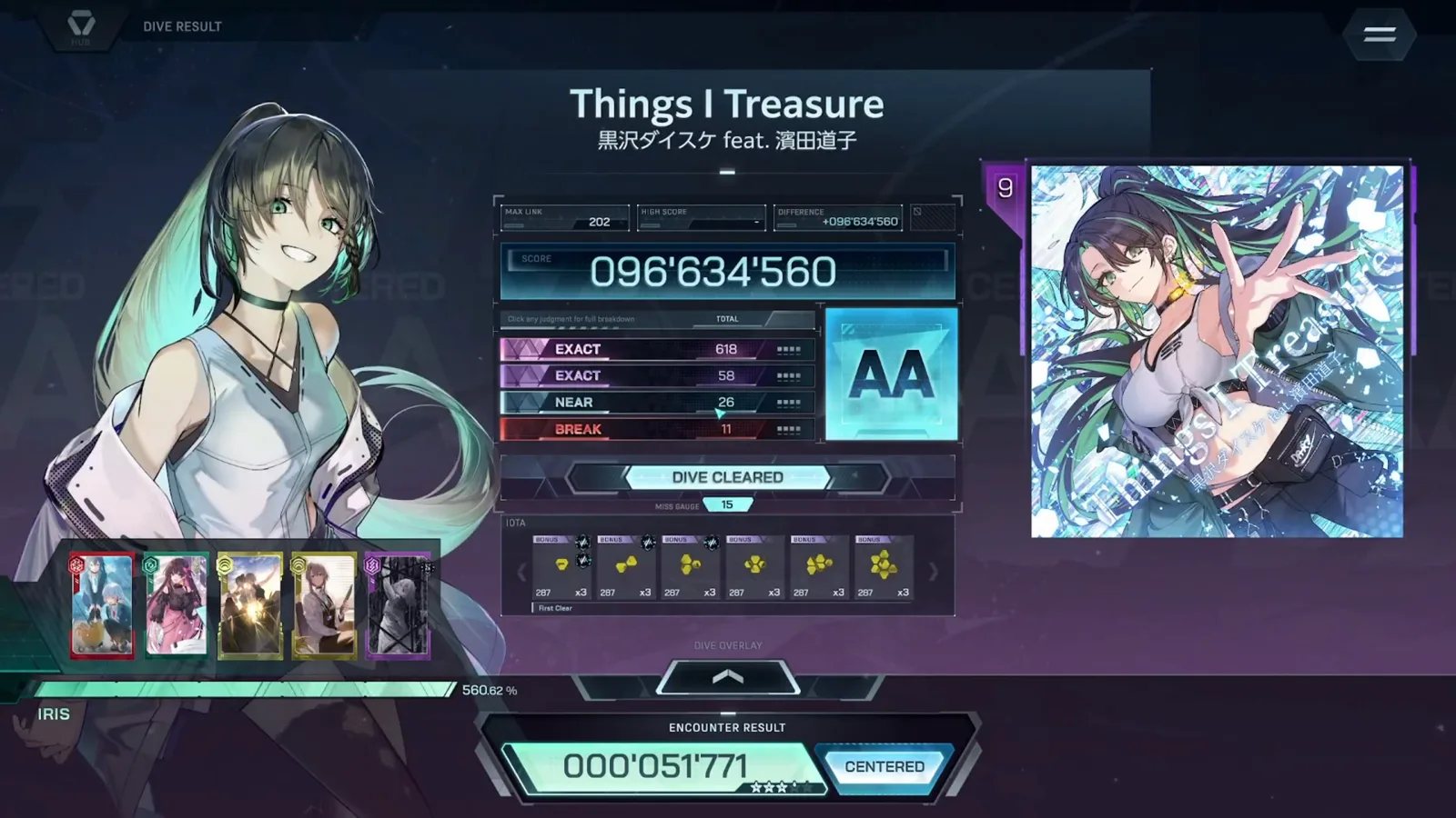 The result card In Falsus Things I Treasure ULT 9 result card with rank AA, EXACT 618 + 58, NEAR 26, BREAK 11, MAX LINK 202 and the CENTERED encounter chip