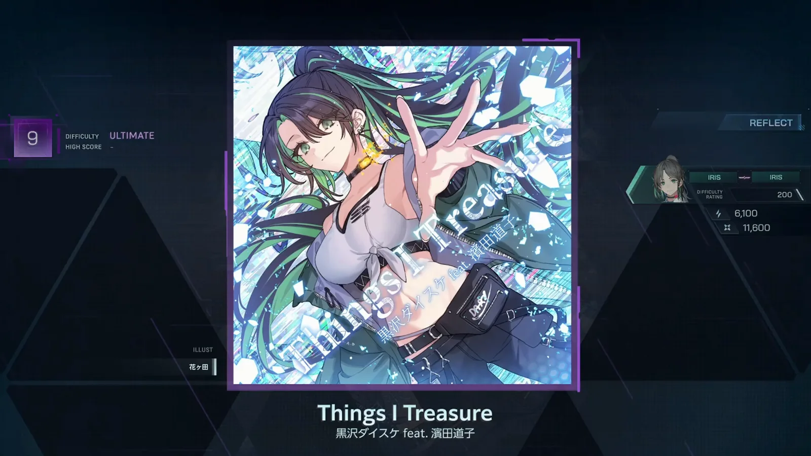 Things I Treasure detail screen — ULTIMATE 9 In Falsus Things I Treasure song detail screen showing DIFFICULTY ULTIMATE 9, a HIGH SCORE dash and the REFLECT panel pairing IRIS with IRIS