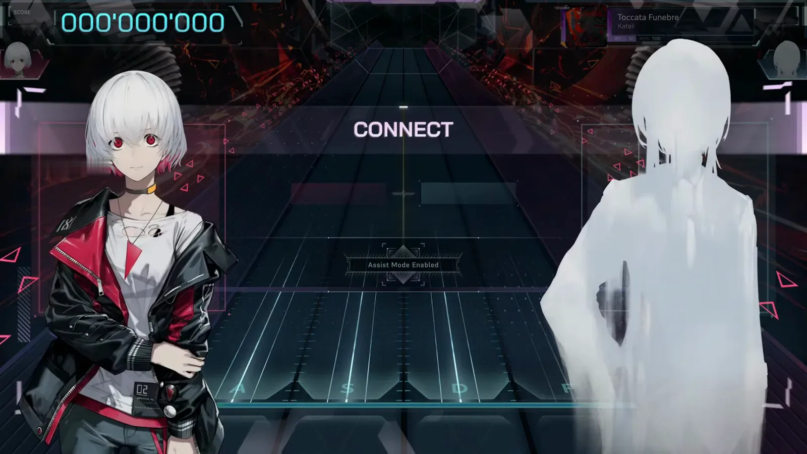 In FalsusのCONNECT画面。CONNECTバナーとAssist Mode Enabledのプレートの下でパートナーのNiaとFreyaがペアになり、Toccata Funebre ULT 10のダイブが始まる