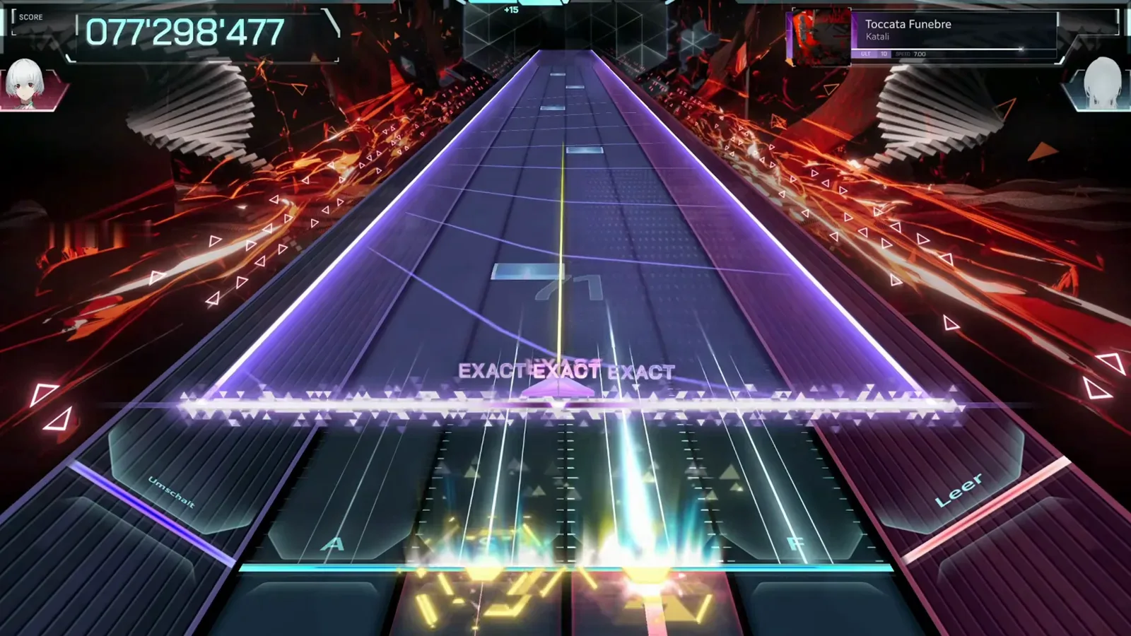 In FalsusのToccata Funebre ULT 10ハイウェイに半透明の紫の壁がほぼ全域に広がり、頭上を六角形パネルが流れ、コンボ41で3つのEXACTが判定線に積み重なる