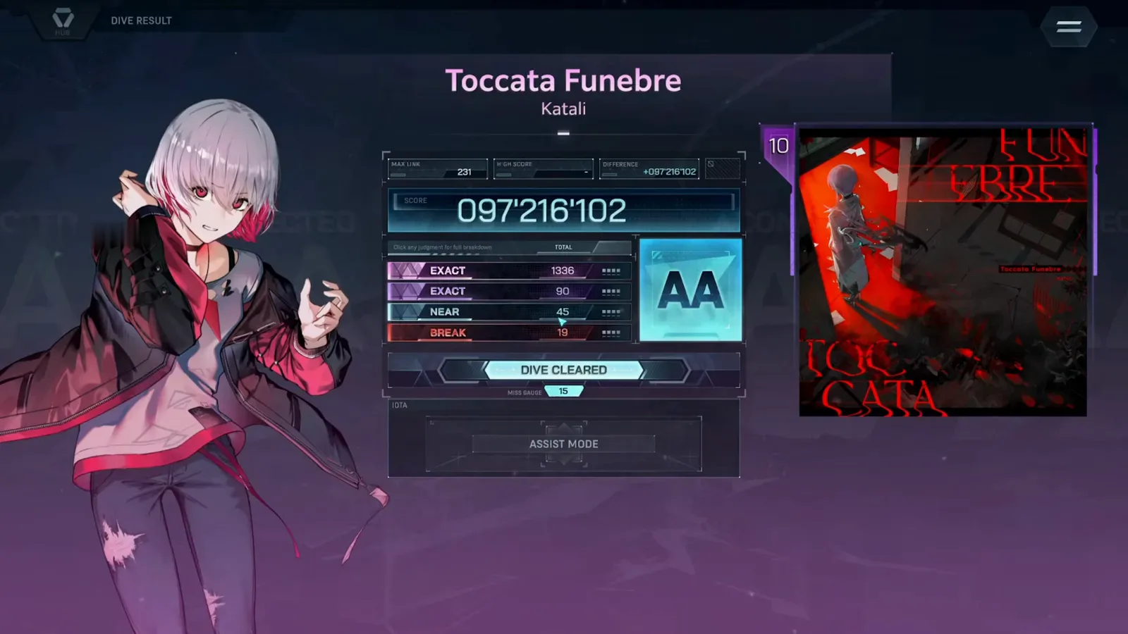 In FalsusのToccata Funebre ULT 10 DIVE RESULTカード。ランクAA、スコア097'216'102、EXACT 1,336 ＋ 90、NEAR 45、BREAK 19がレベル10バッジとジャケットアートの横に並ぶ