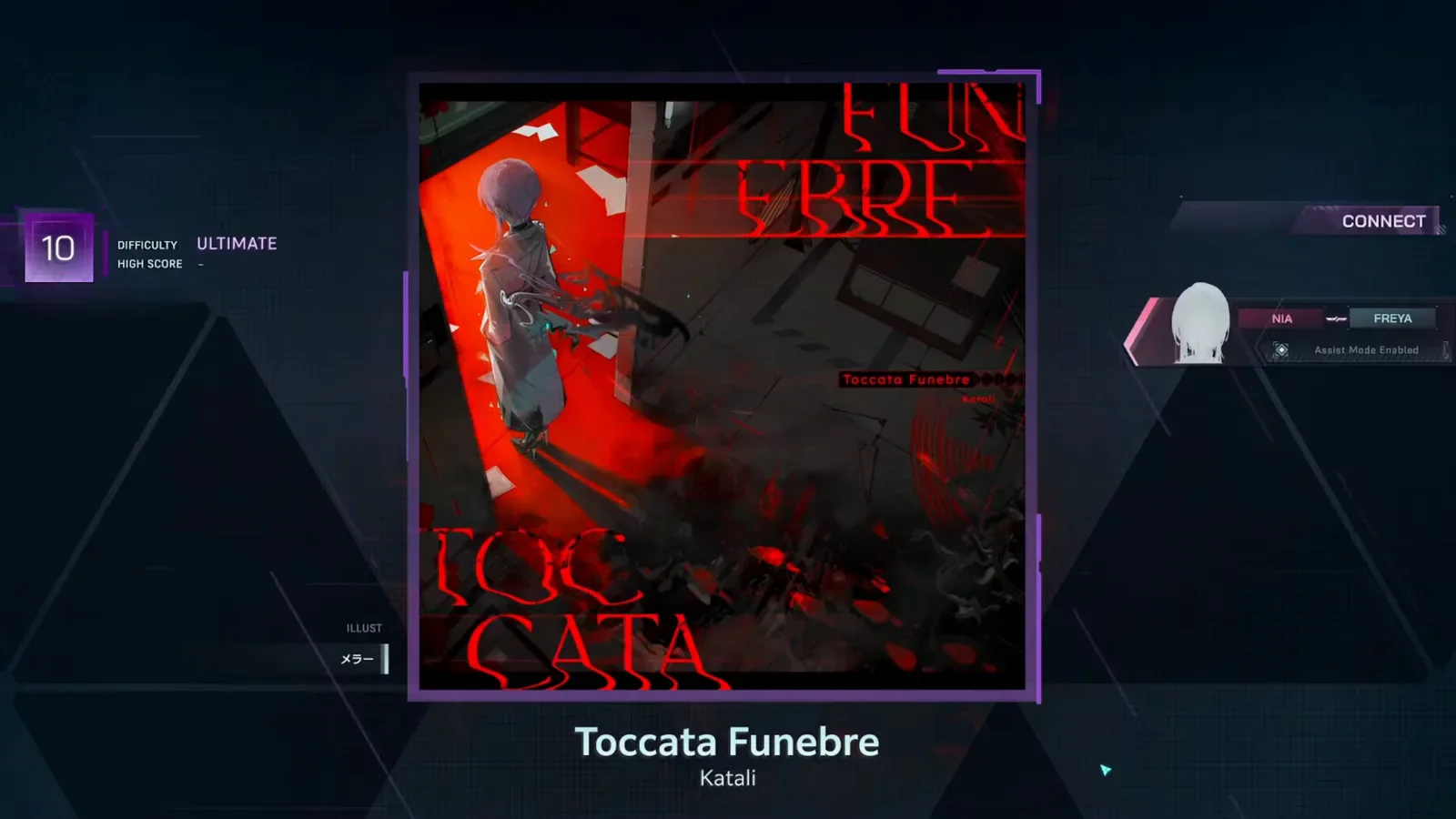 In FalsusのToccata Funebre（Katali）曲カード。白い髪のジャケットキャラが赤いスプレー文字TOCCATA FUNEBREの上を背を向けて歩き、レベル10バッジ、DIFFICULTY ULTIMATE、空欄のHIGH SCORE、パートナースロットの横にCONNECTボタンが並ぶ