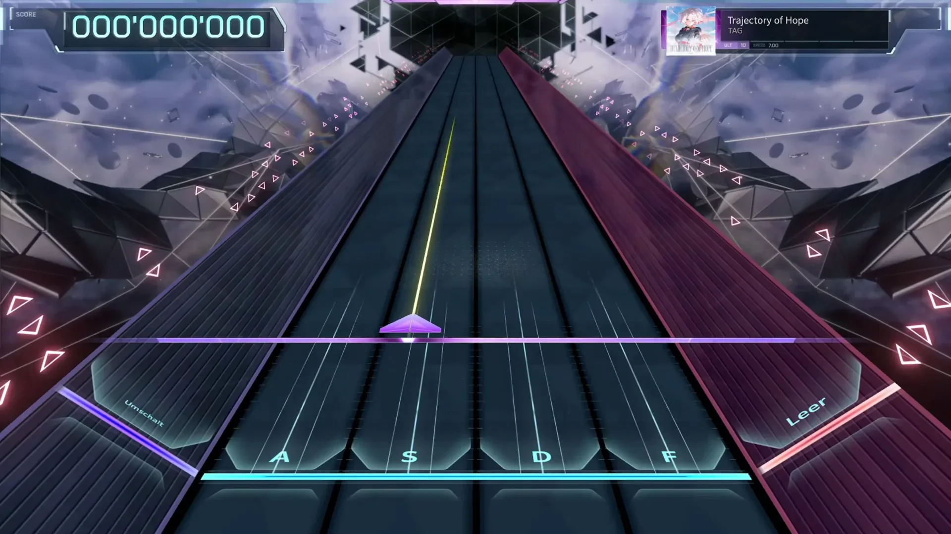 In Falsus『Trajectory of Hope』ULT 10のダイブ序盤：スコア000'000'000、最初のノート群がA S D Fレーンへ落ちてくる
