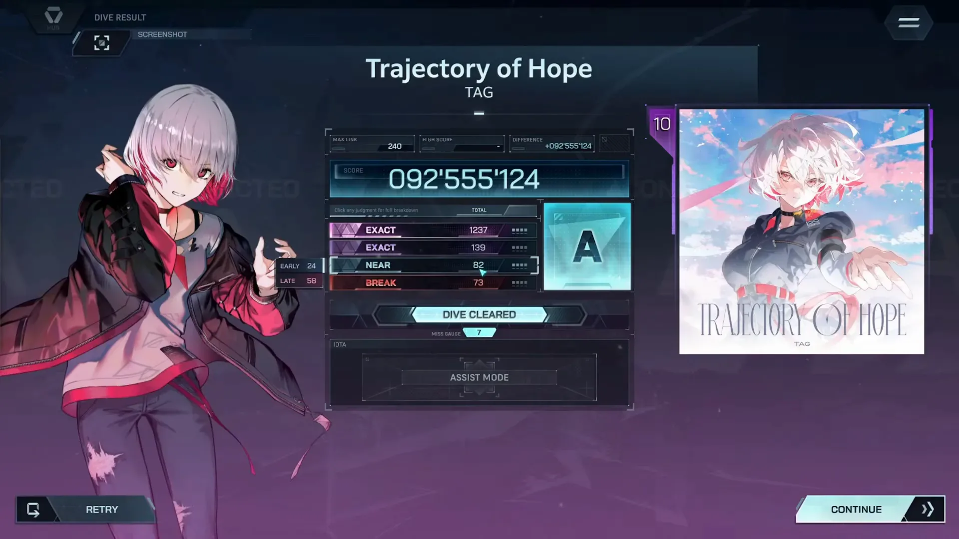 In Falsus『Trajectory of Hope』ULT 10リザルト画面：ランクA、スコア092'555'124、EXACT・NEAR・BREAKの判定行がすべて読める