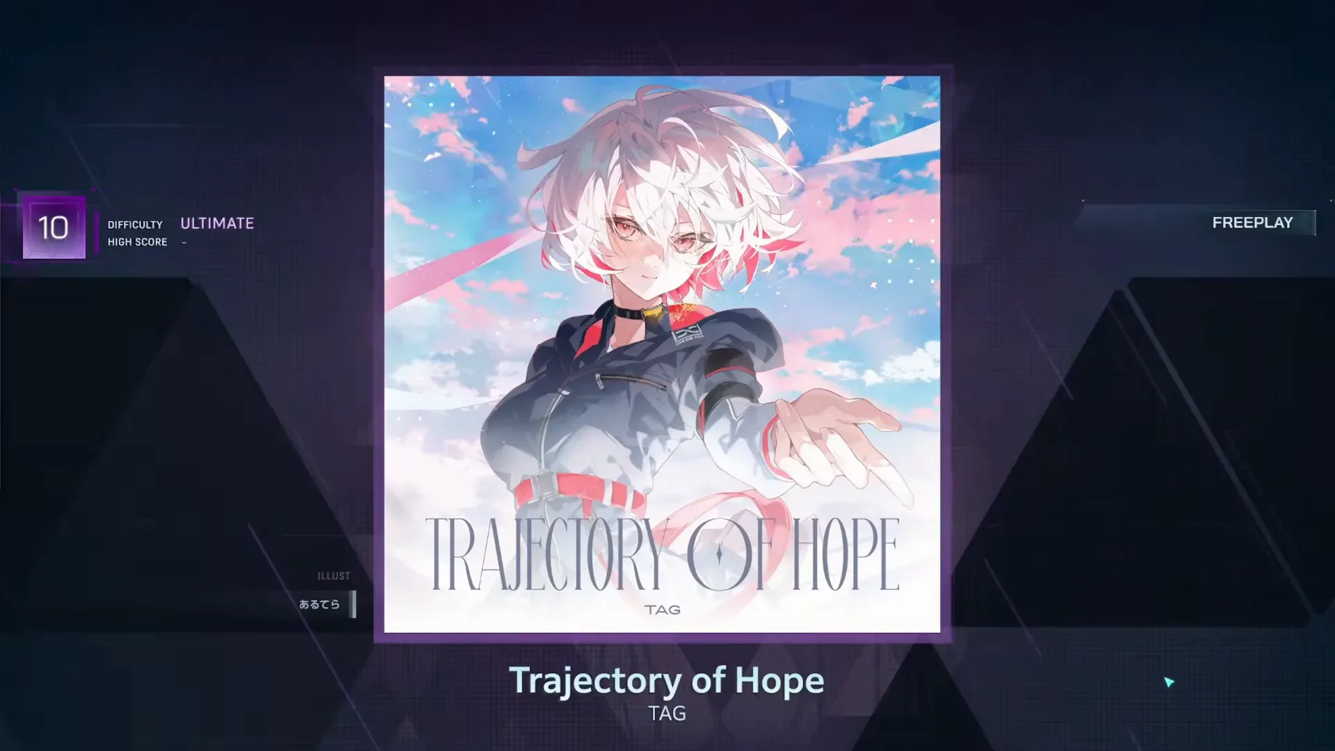 In Falsus『Trajectory of Hope』楽曲詳細画面：TAGのカードで難易度ULTIMATE 10を確認、FREEPLAYボタンと空のHIGH SCORE欄が同框