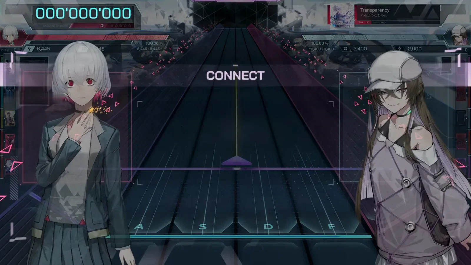 CONNECT intro — NIA and ??? In Falsus Transparency FBD 10 CONNECT encounter intro with NIA and the ??? partner flanking the empty highway at score 000'000'000 and SPEED 7.00