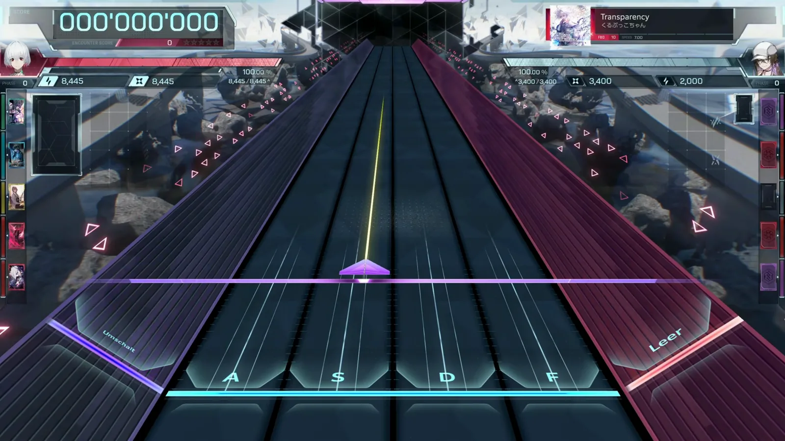 Opening wedge — score zero In Falsus Transparency FBD 10 opening wedge riding the yellow guide line over an empty highway at score 000'000'000 on PHASE 0