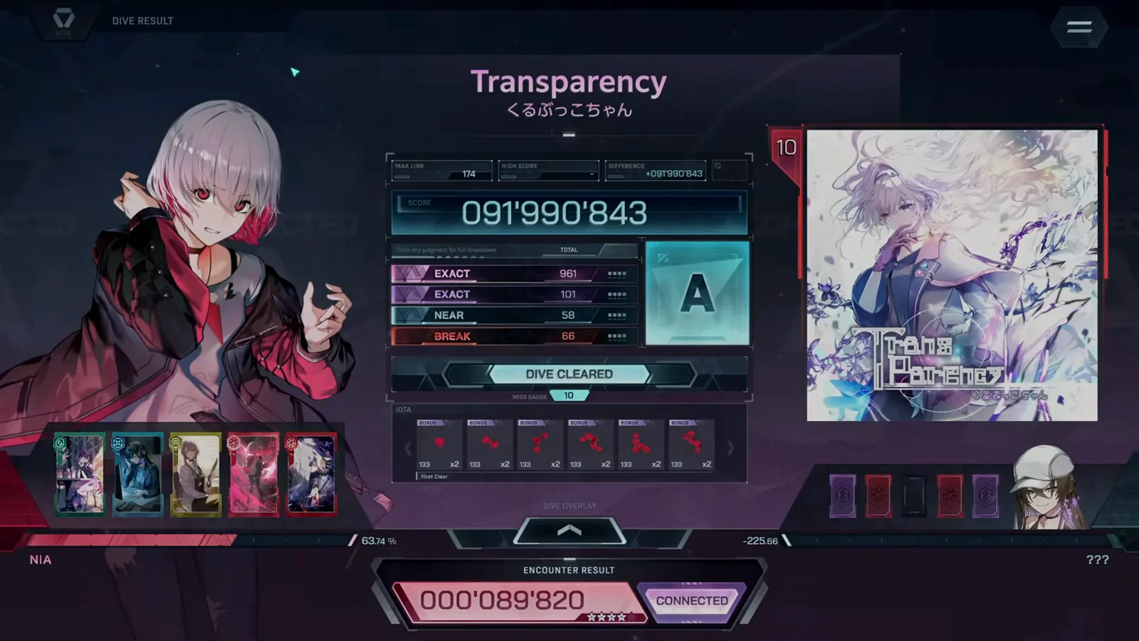 Result card — rank A first clear In Falsus Transparency FBD 10 DIVE RESULT card with rank A, EXACT 961 + 101, NEAR 58, BREAK 66 and the ENCOUNTER RESULT 000'089'820 CONNECTED strip