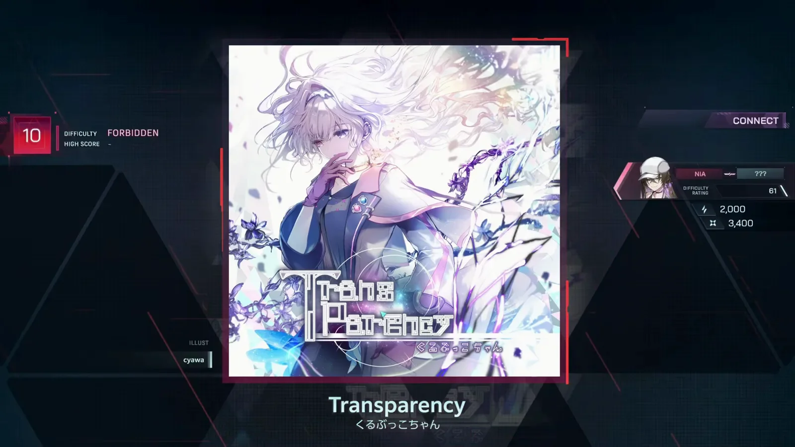 Transparency detail screen — FORBIDDEN 10 In Falsus Transparency song detail screen with the red DIFFICULTY FORBIDDEN 10 badge, the Transparency jacket crediting cyawa and a CONNECT panel pairing NIA with ???