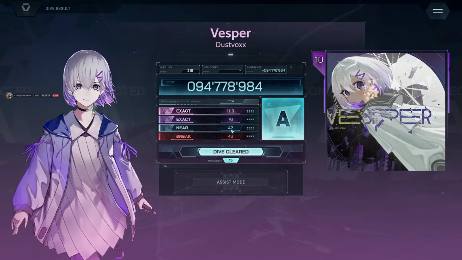 In Falsus Vesper ULT 10 리절트 화면, 랭크 A와 점수 094'778'984, EXACT / NEAR / BREAK 판정 내역이 모두 보이는 컷