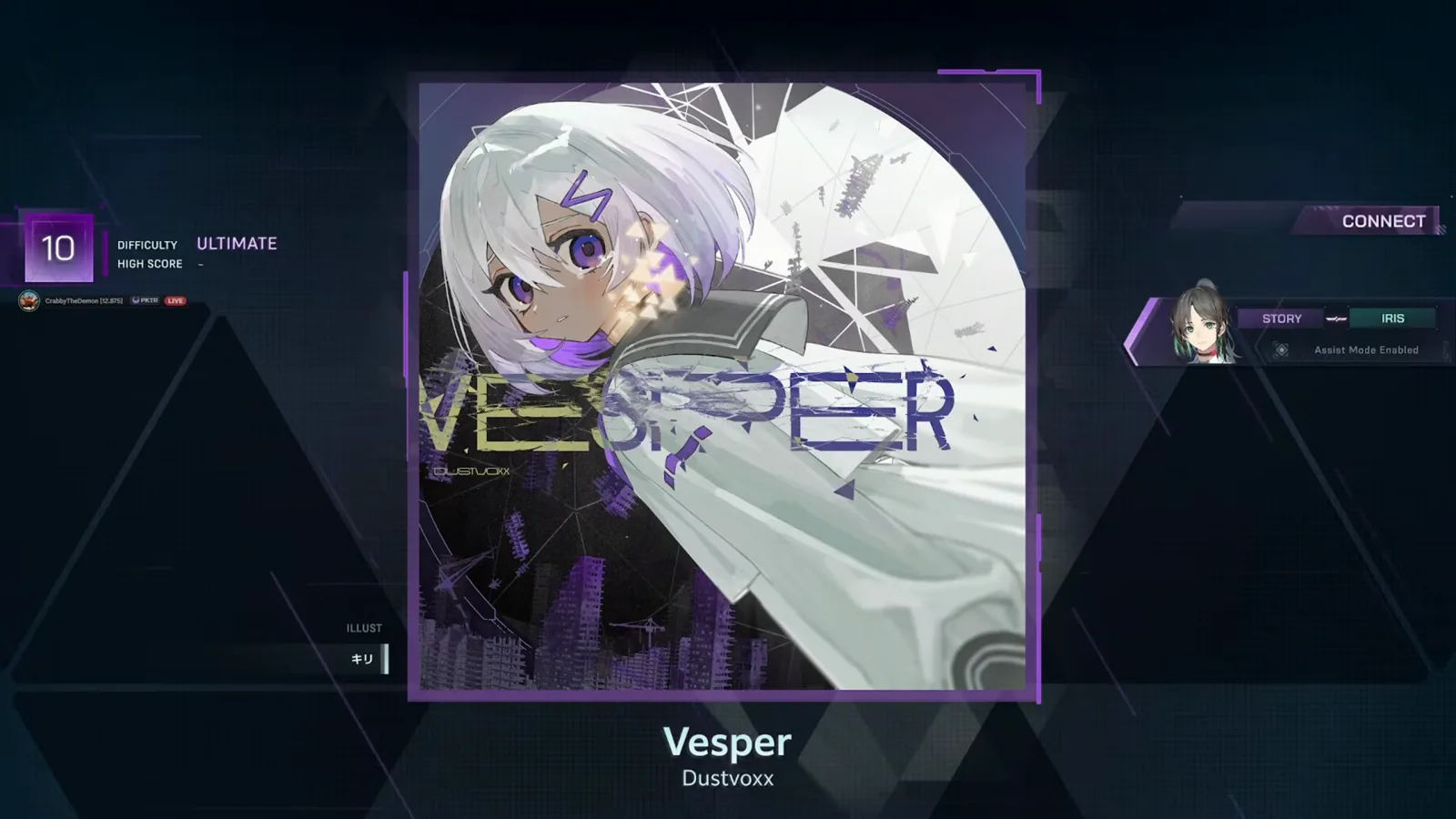 In Falsus Vesper 곡 상세 화면, Dustvoxx의 Arc 3 곡 카드에 ULTIMATE 10 난이도가 선택된 모습