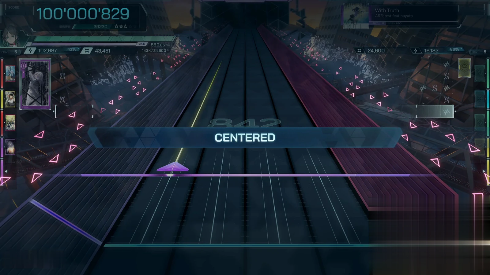 CENTERED banner at the frozen 100'000'829 HUD, watermark 842, in In Falsus With Truth ULT 8