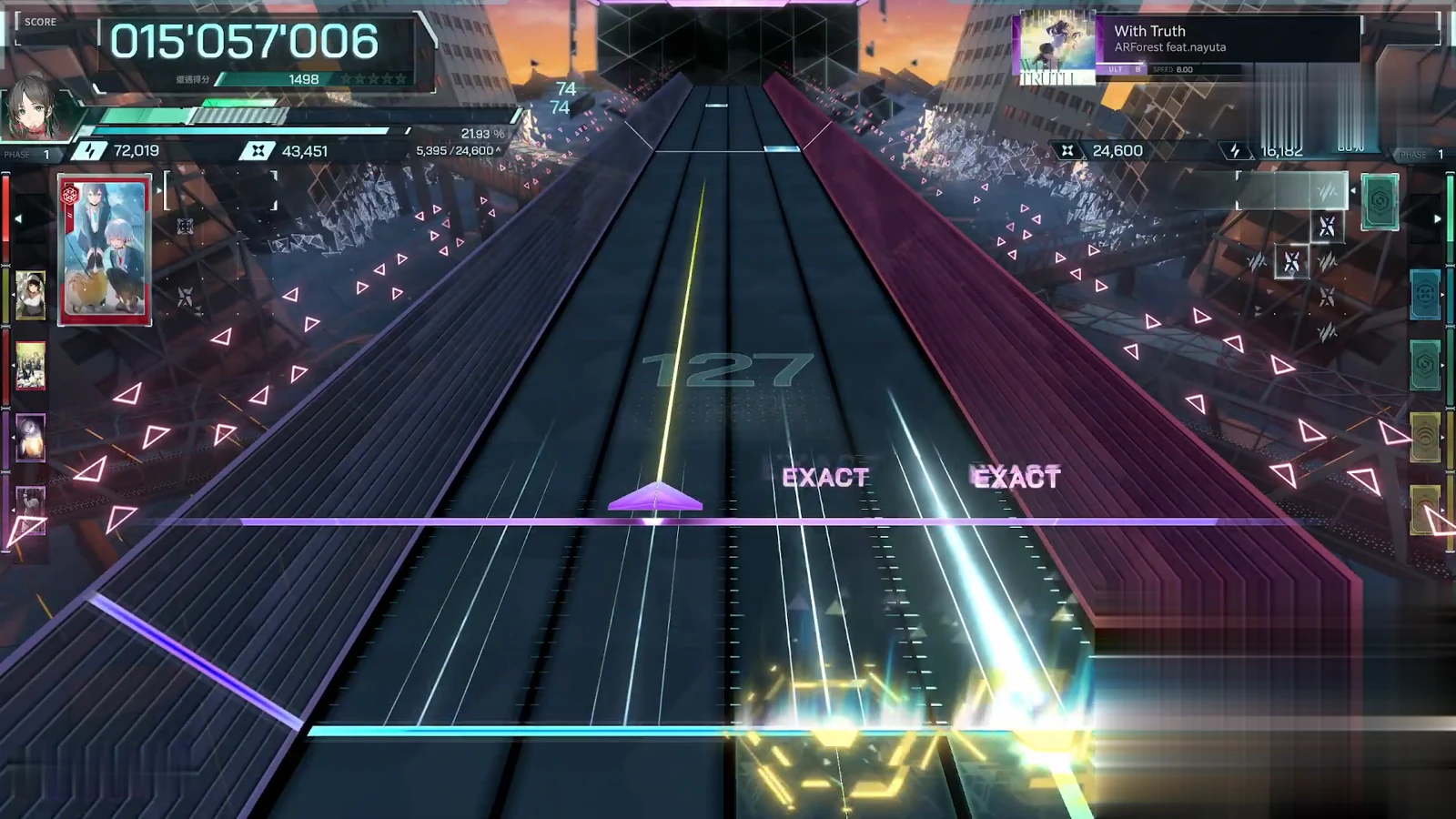 EXACT EXACT pair over gold burst sparks in In Falsus With Truth ULT 8 at 015'057'006 with the x5.0 multiplier chip lit