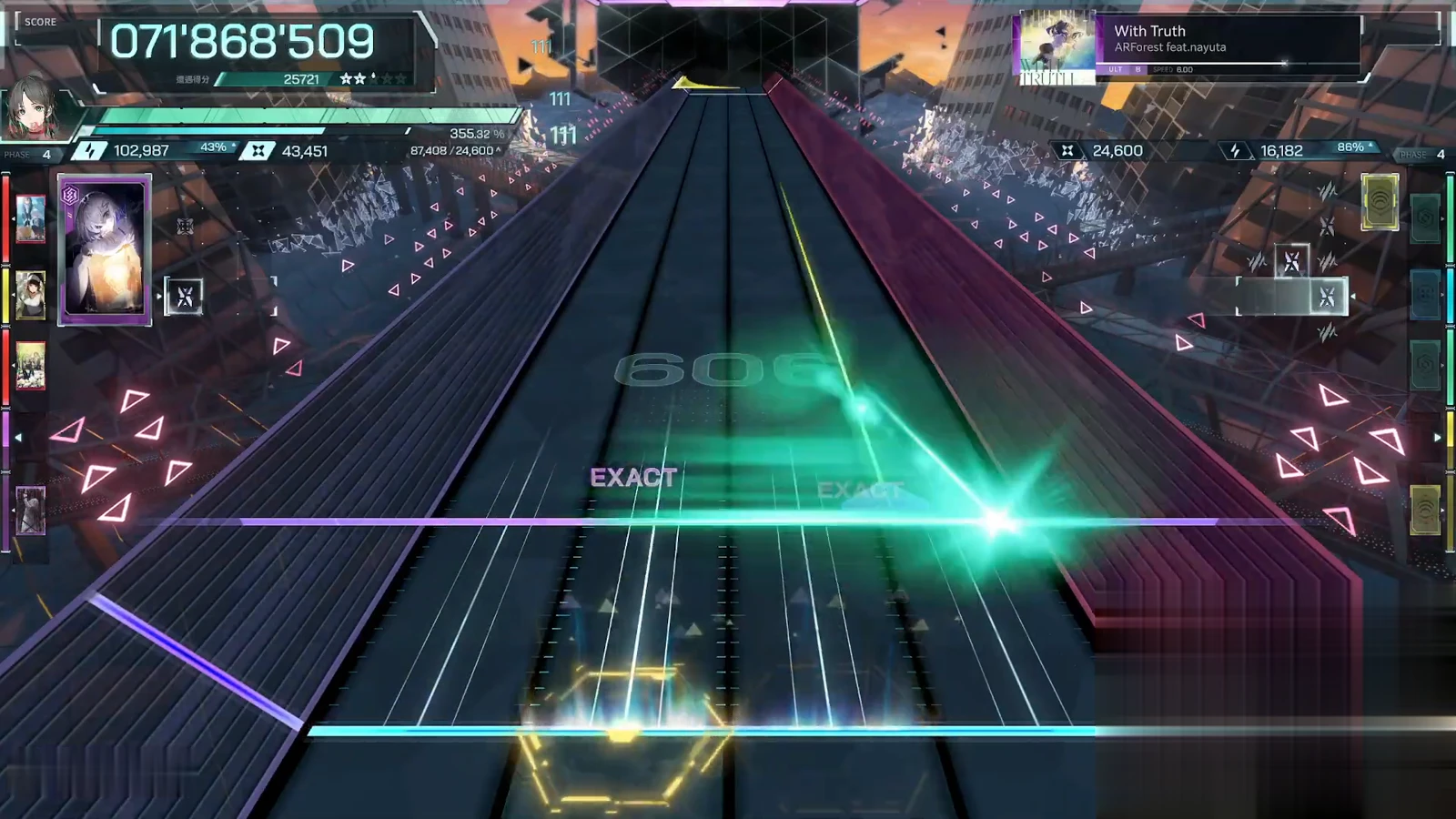 Green cross spark bursting between an EXACT pair in In Falsus With Truth ULT 8 at chain watermark 606, PHASE 4