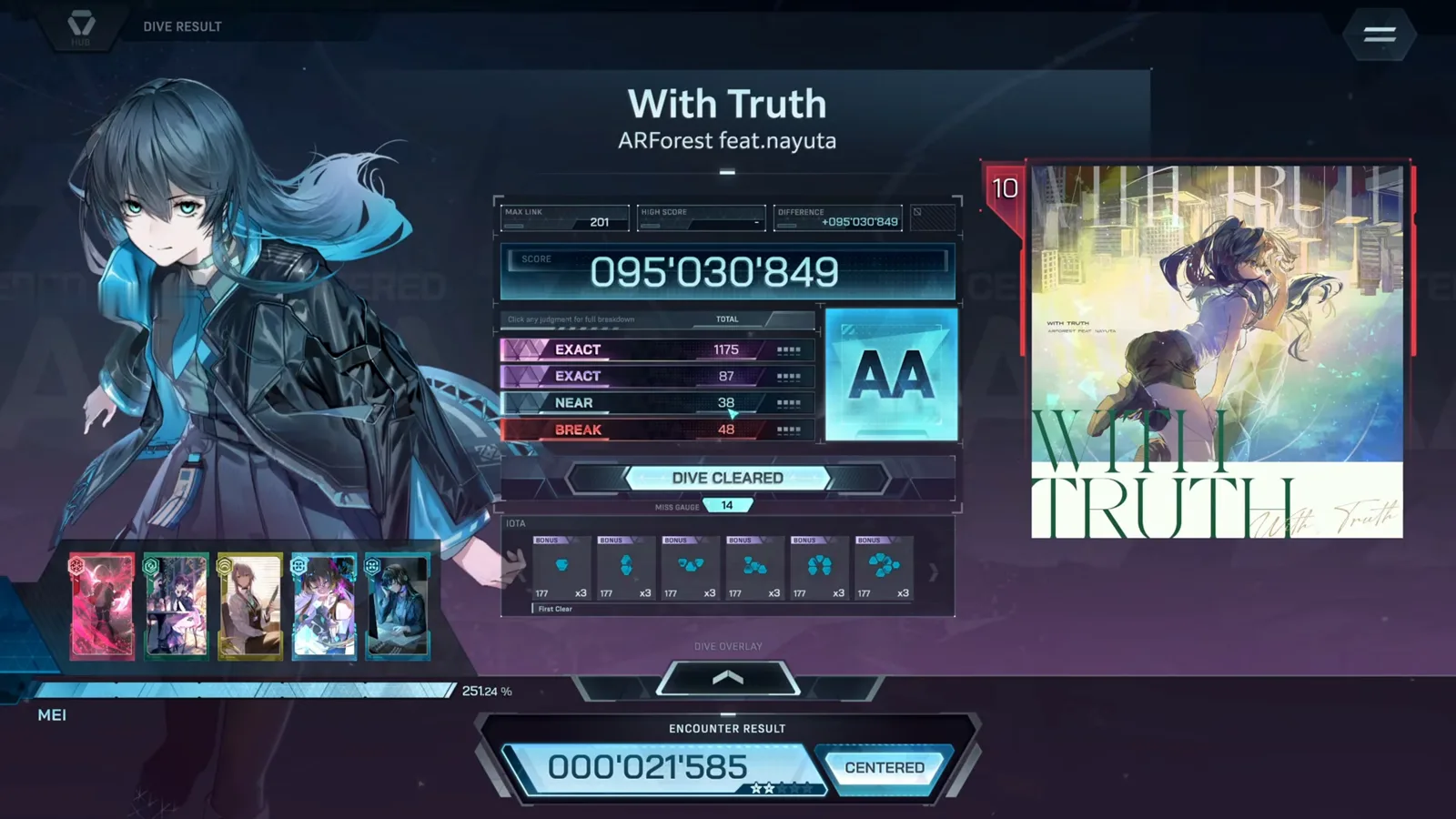 The settled result card With Truth FBD 10 settles its In Falsus DIVE RESULT: rank AA, MAX LINK 201, NEAR 38, BREAK 48, First Clear chip