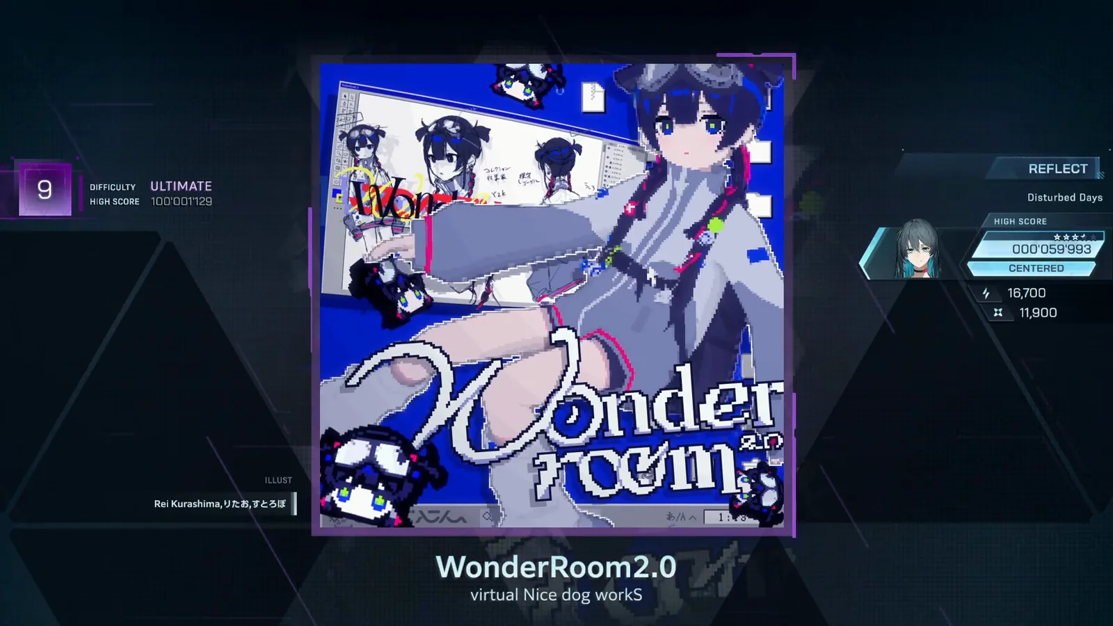 Detail screen — ULTIMATE 9 In Falsus WonderRoom2.0 song detail screen with the purple 9 ULTIMATE badge and the pixel-art Wonder Room jacket