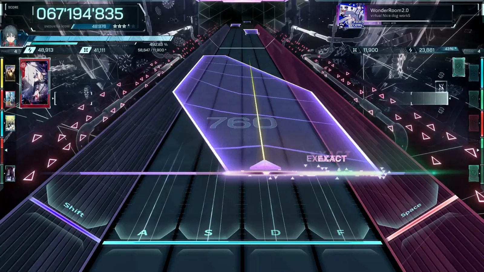 Hexagon panel In Falsus WonderRoom2.0 ULT 9 violet hexagon panel sliding down the center lanes with EXACT on its edge at 067'194'835