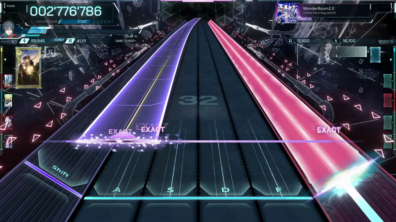 Opening beam pair In Falsus WonderRoom2.0 ULT 9 opening with violet and magenta beams crossing the center lanes at 002'776'796