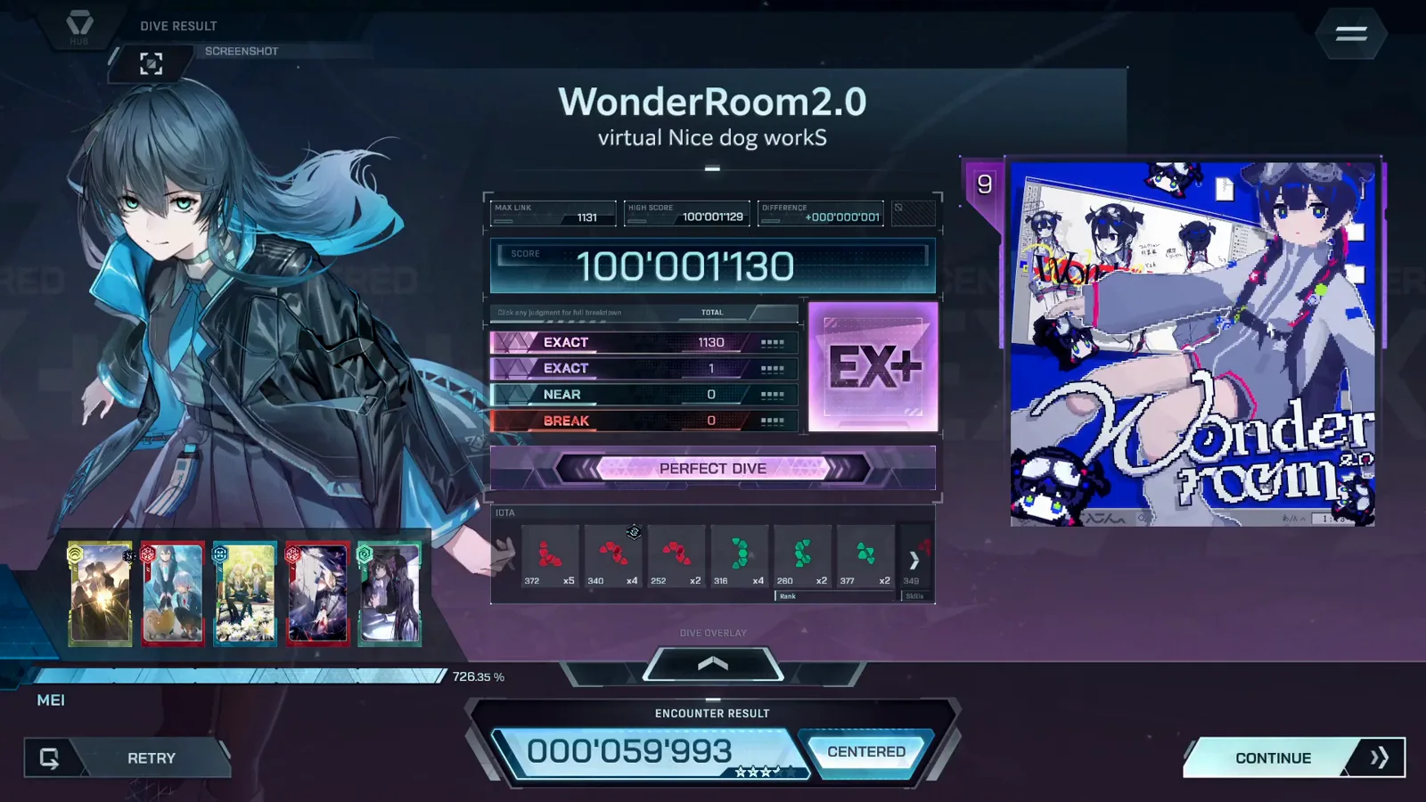 Result card — EX+ Perfect Dive In Falsus WonderRoom2.0 ULT 9 result card with rank EX+ at 100'001'130 and the rows EXACT 1130 + 1, NEAR 0, BREAK 0