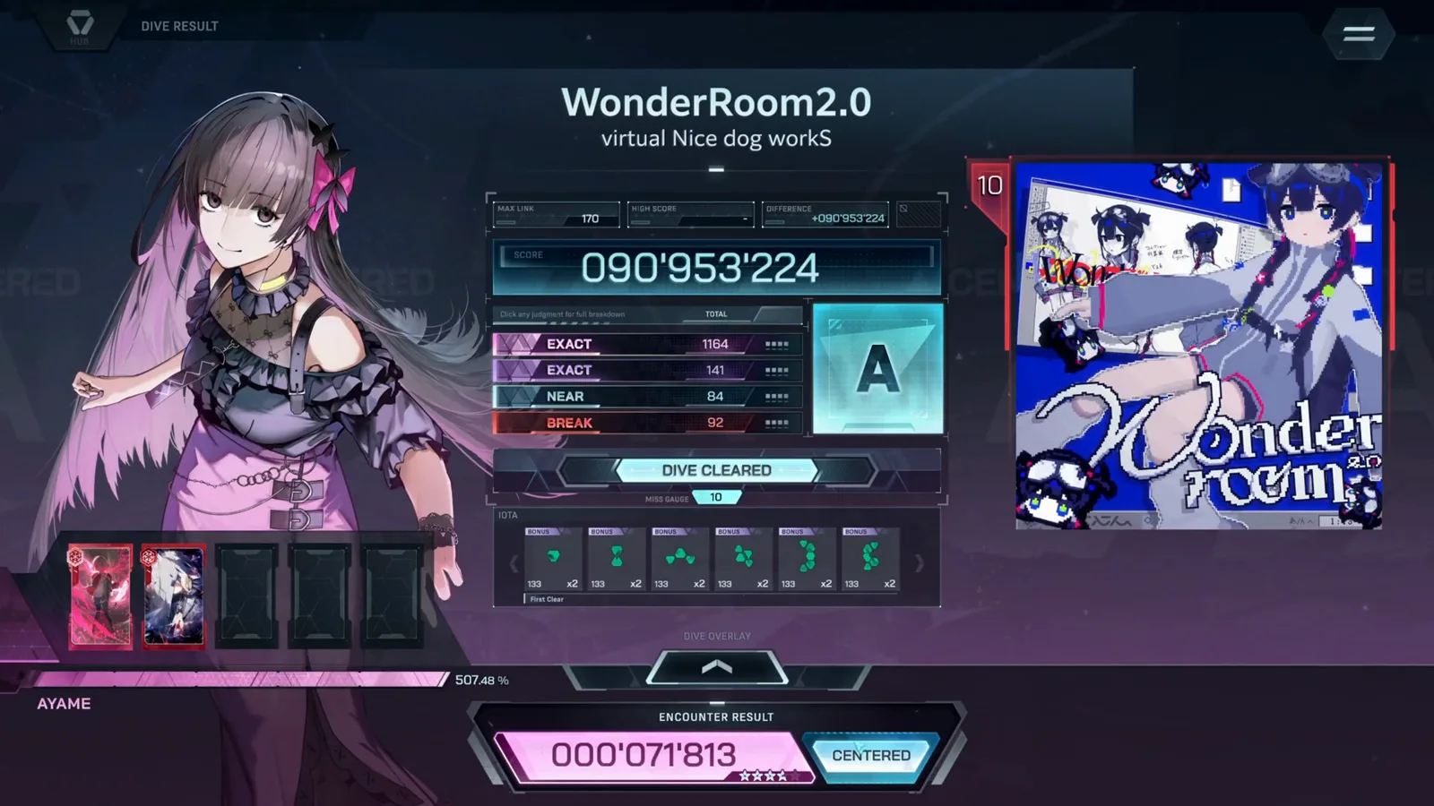 The settled result card In Falsus WonderRoom2.0 FBD 10 DIVE RESULT card with rank A, EXACT 1164 + 141, NEAR 84, BREAK 92 and the ENCOUNTER RESULT 000'071'813 CENTERED strip