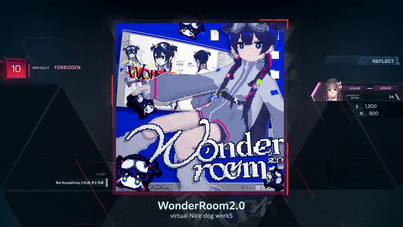 WonderRoom2.0 detail screen — FORBIDDEN 10 In Falsus WonderRoom2.0 song detail screen with the red DIFFICULTY FORBIDDEN 10 badge, the pixel-art Wonder Room jacket and a REFLECT panel pairing AYAME with AYAME