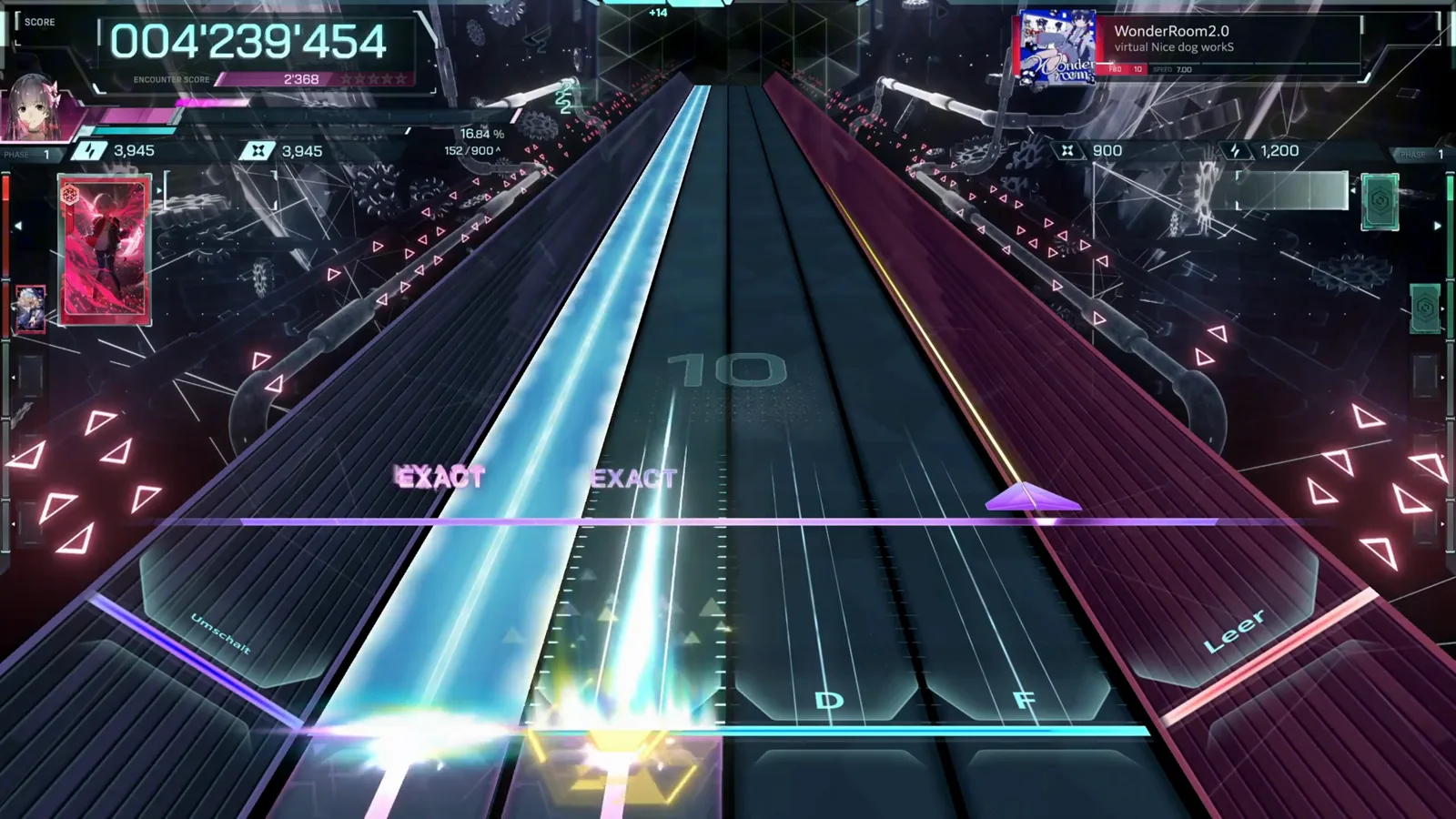 The first wide hold In Falsus WonderRoom2.0 FBD 10 wide cyan hold judged EXACT EXACT across the left lanes while a yellow flick diamond waits on the right edge at 004'239'454