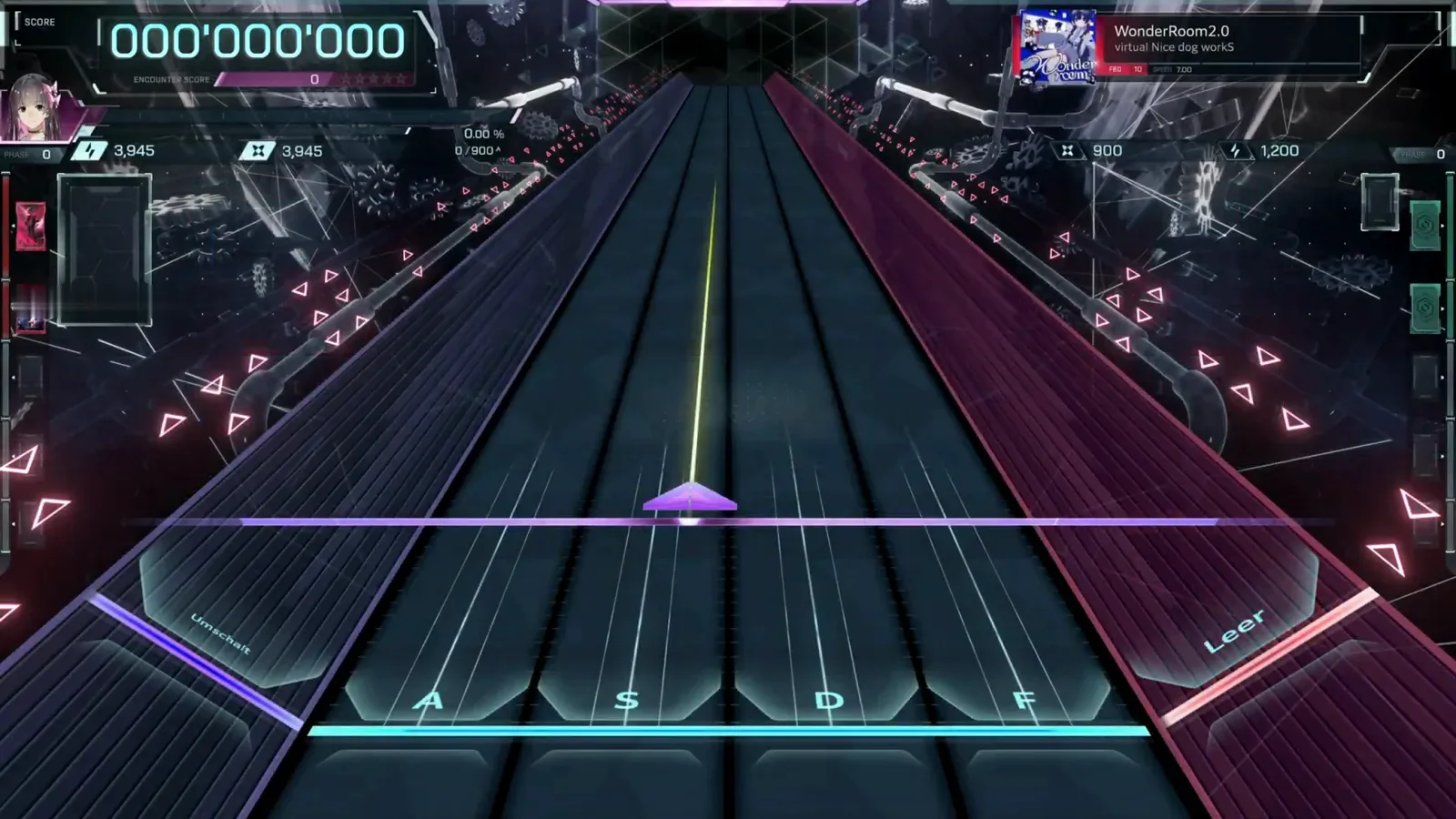 Opening wedge at score zero WonderRoom2.0 FBD 10 opening in In Falsus with the first purple wedge on the home lanes at score 000'000'000 and the A S D F bed under an FBD 10 SPEED 7.00 chip