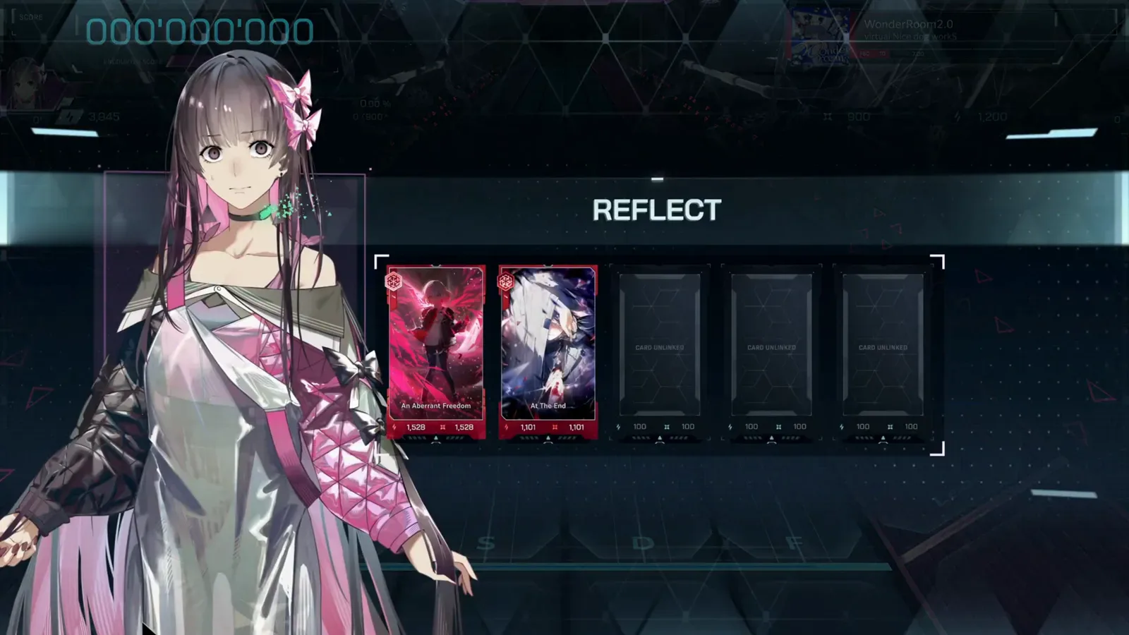 The REFLECT card rail In Falsus REFLECT partner intro for WonderRoom2.0 FBD 10 showing AYAME beside five memory-card slots with two cards equipped at score 000'000'000