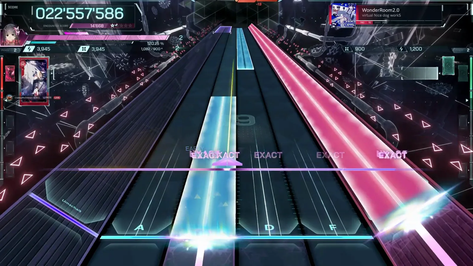 The twin wide holds In Falsus WonderRoom2.0 FBD 10 twin wide holds crossing — a cyan beam over the left lanes and a magenta diagonal over the right with four EXACT judgements landing