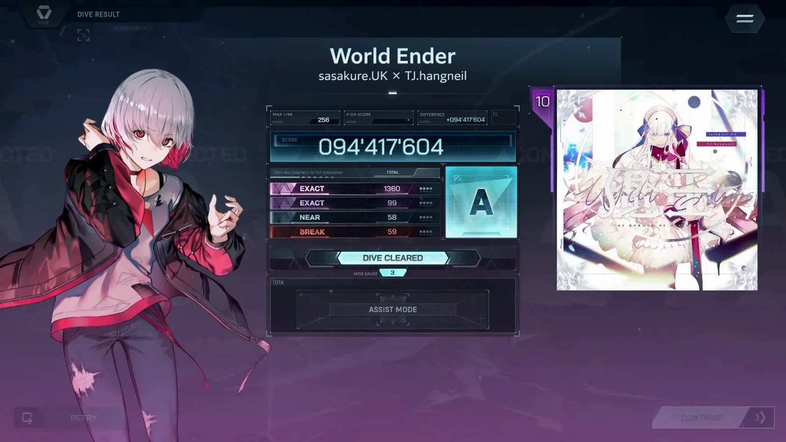 In Falsus World Ender 리절트 화면이 랭크 A로 정지 — 094'417'604, EXACT 1,360 + 99, NEAR 58, BREAK 59, MAX LINK 256, MISS GAUGE 3, 재킷 옆 레벨 10 배지