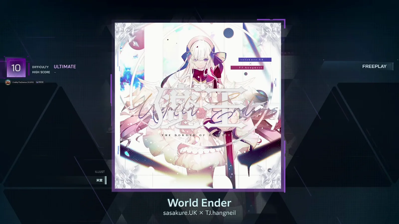In Falsus의 World Ender 곡 상세 화면: 난이도 레일이 ULTIMATE 10에 고정되고 카드에 sasakure.UK × TJ.hangneil 크레딧, 재킷 옆에 PREVIEW 버튼