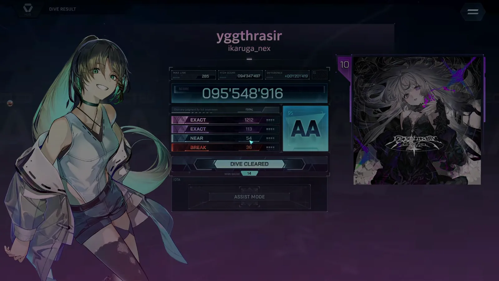 In Falsus yggthrasir ULT 10 리절트 화면. 랭크 AA, 점수 095'548'916, MAX LINK 285와 EXACT·NEAR·BREAK 전체 내역