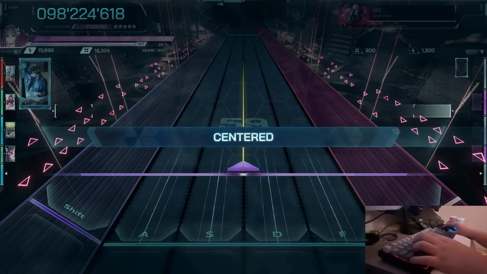 CENTERED — the encounter holds In Falsus ZFC FBD 12 cyan CENTERED banner over the frozen highway with ENCOUNTER SCORE 2'026'282 at five stars and PHASE 5