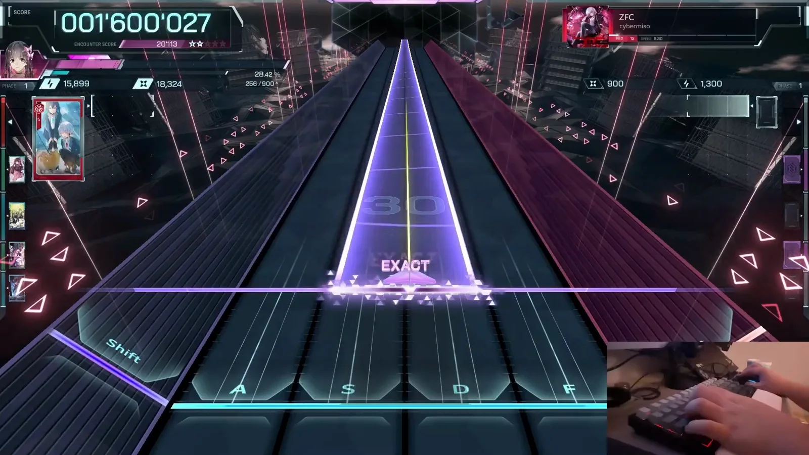 Full-width beam — FBD's signature In Falsus ZFC FBD 12 full-width beam note spanning every lane under an EXACT tag at combo 30 — the FORBIDDEN tier's signature note