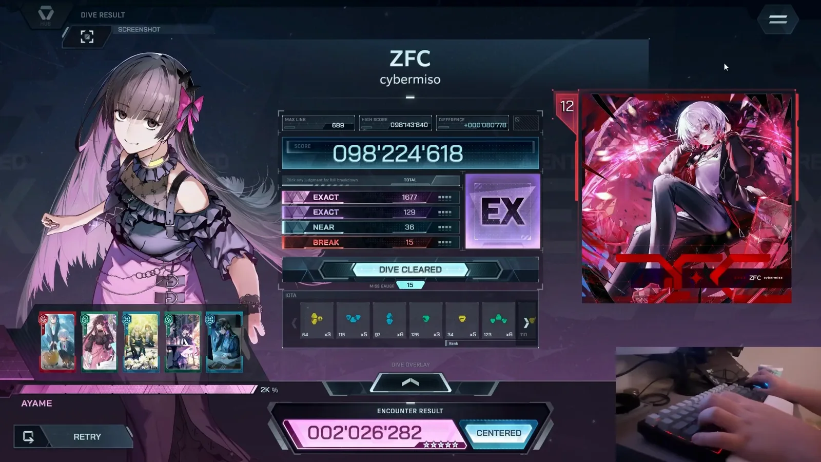 The settled result card — EX In Falsus ZFC FBD 12 result card with rank EX, score 098'224'618, EXACT 1677 + 129, NEAR 36, BREAK 15, MAX LINK 689 and DIFFERENCE +000'080'778
