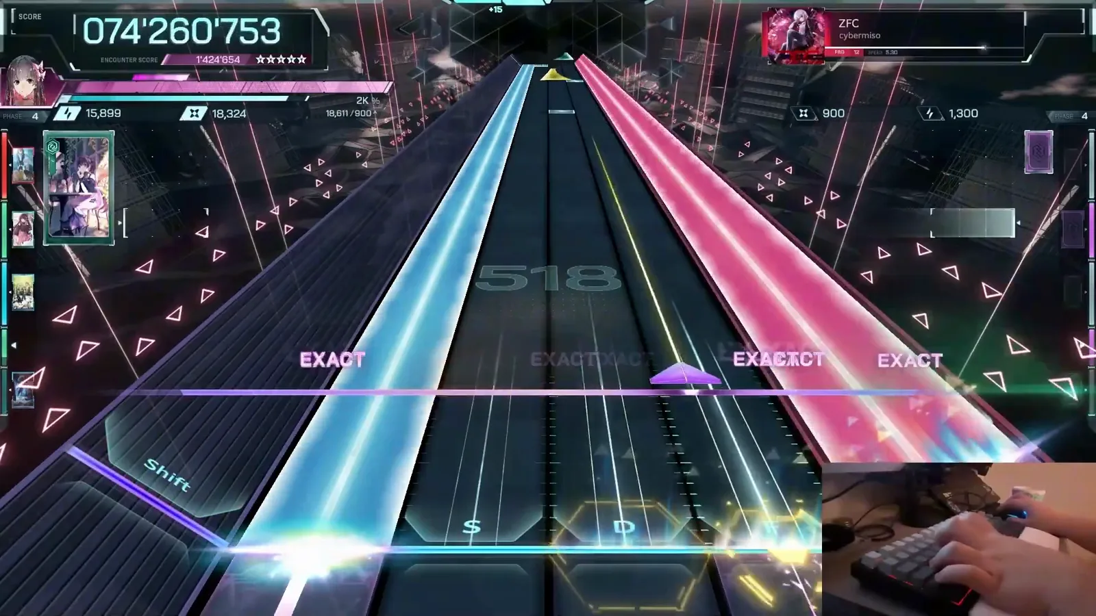 The side-wall pair In Falsus ZFC FBD 12 side-wall pair: a cyan wall on the left lanes and a pink wall on the right side lane, five EXACT labels on one line and a 518 combo