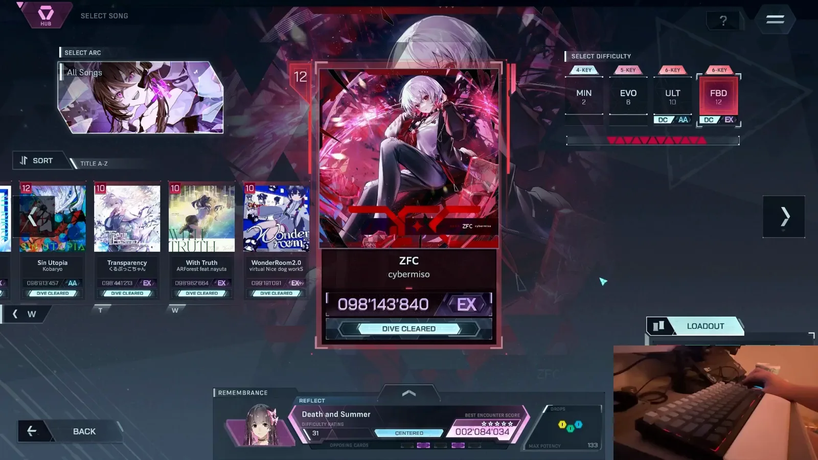 Select screen — the four-chart rail In Falsus song select screen with ZFC by cybermiso selected, showing a MIN 2, EVO 6, ULT 10 and FBD 12 difficulty rail with the FBD slot highlighted red and a 098'143'840 EX best score
